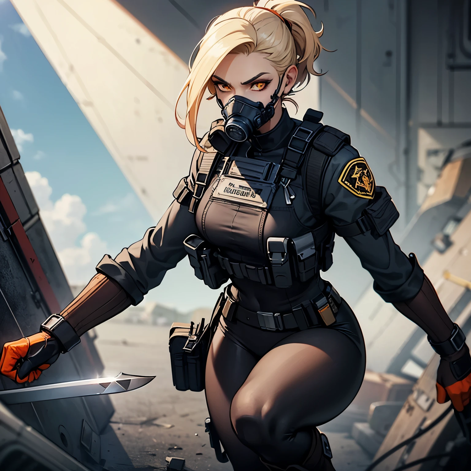 The blonde girl.  Her hair is pulled back in a ponytail . With orange eyes .With  .in leggings.The top.wearing high boots, a bulletproof vest and a respirator.with a combat knife