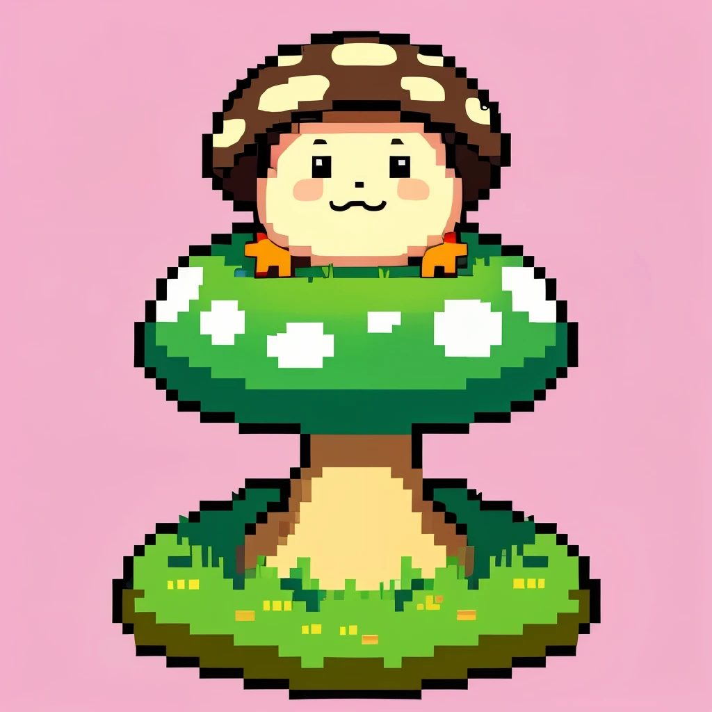 A cute mushroom character that looks like Toad、 colorful background 、pixel image