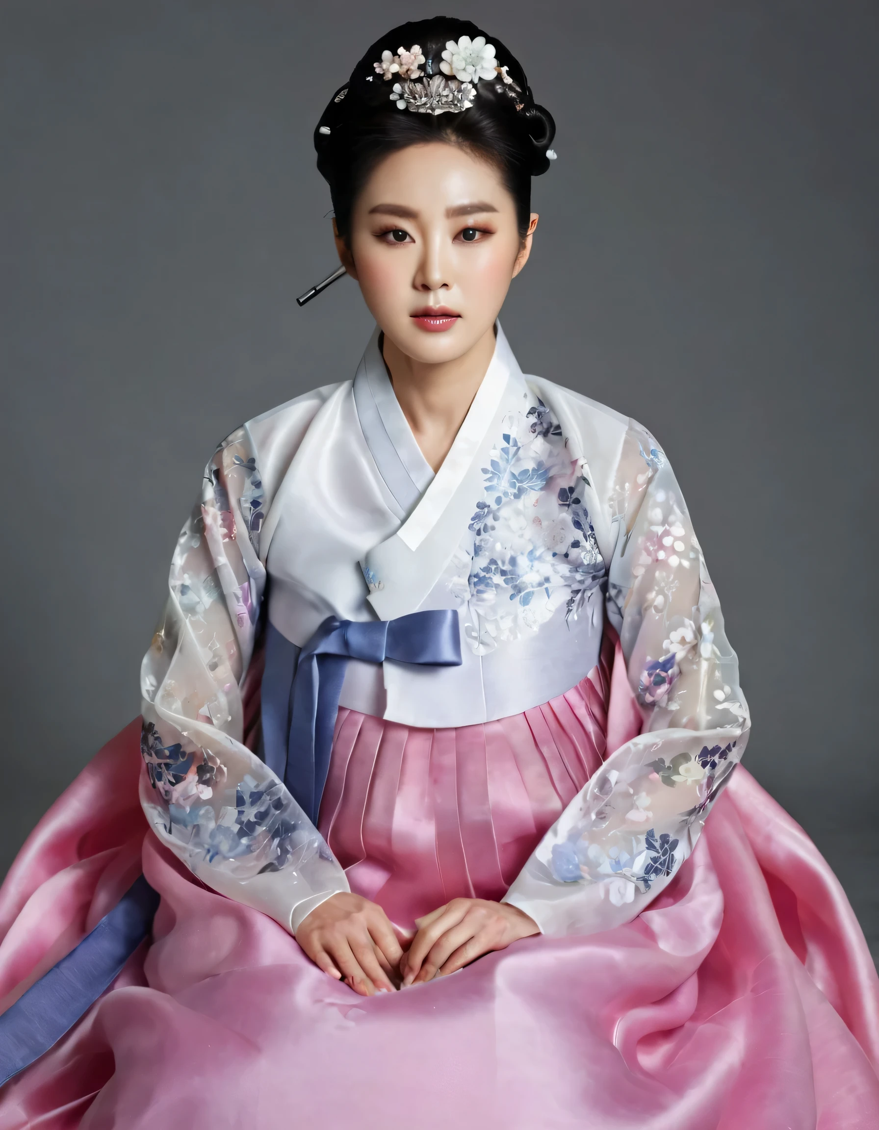 8k, A Korean man had surgery to change his body from male to female, his body is completely female, he has big breasts like a woman, but his face is not changed and still looks like a man, His hair is still manly and short, manly short hair, he is wearing a mother's hanbok dress costume, silk, Mother of the Bride Dress Outfit, white and pink, Floral pattern, sexy, see-through, He sits upright in a special device chair, Being brainwashed, There are several electrical cords and electronic devices plugged into his head, Being brainwashed, brainwashing electronics attached to head, expressionless, eyes closed, unconscious, Full body shot