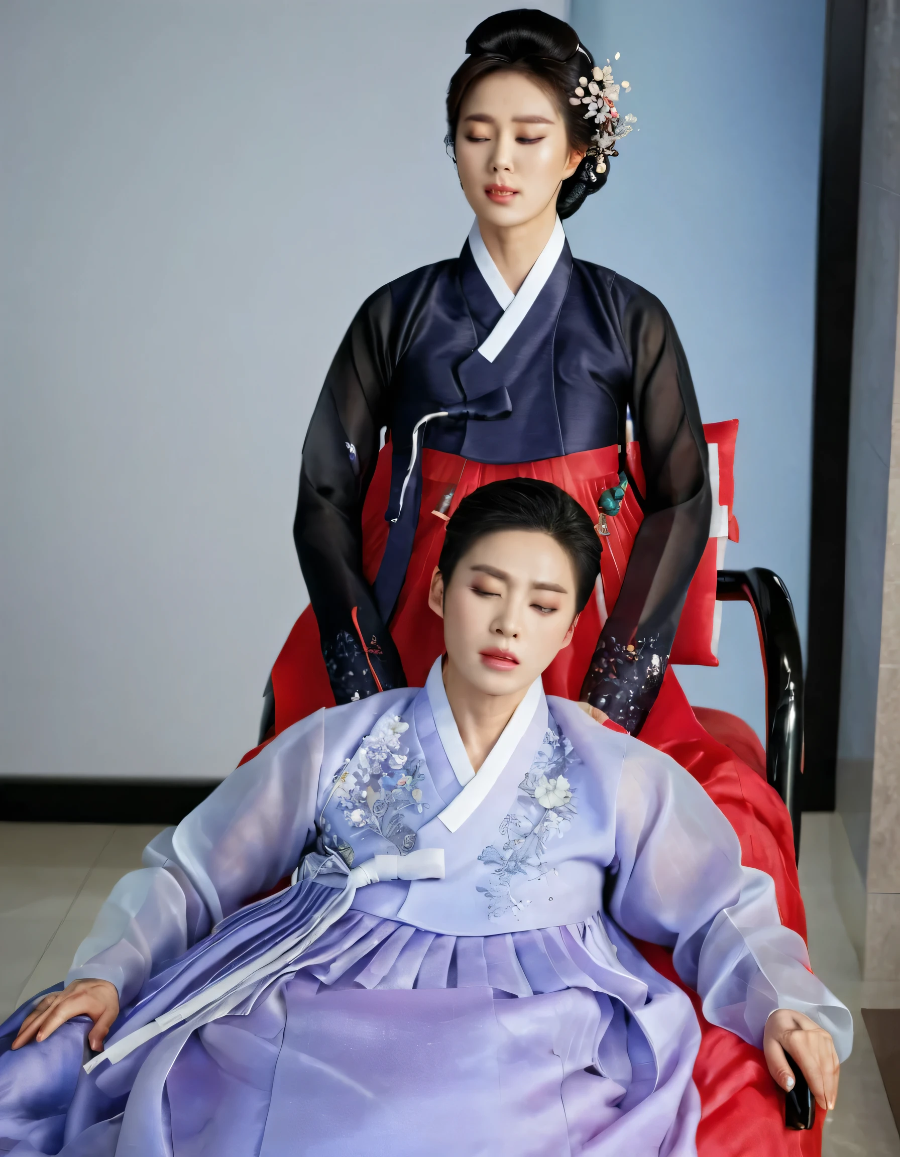 8k, A Korean man had surgery to change his body from male to female, his body is completely female, he has big breasts like a woman, but his face is not changed and still looks like a man, His hair is still manly and short, manly short hair, he is wearing a mother's hanbok dress costume, silk, Mother of the Bride Dress Outfit, black and red, Floral pattern, sexy, see-through, He sits upright in a special device chair, Being brainwashed, There are several electrical cords and electronic devices plugged into his head, Being brainwashed, brainwashing electronics attached to head, expressionless, eyes closed, unconscious, Full body shot
