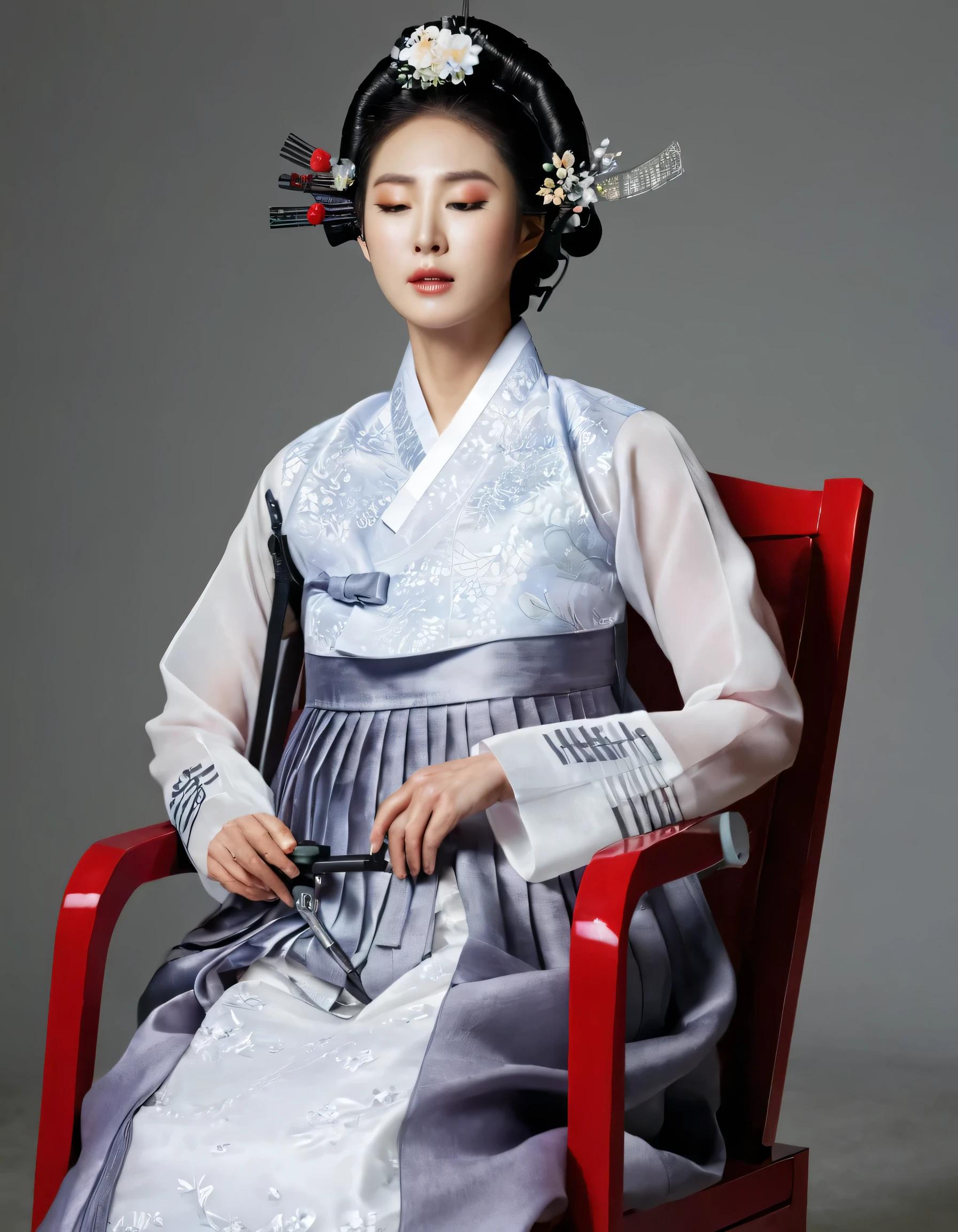 8k, A Korean man had surgery to change his body from male to female, his body is completely female, he has big breasts like a woman, but his face is not changed and still looks like a man, His hair is still manly and short, manly short hair, he is wearing a mother's hanbok dress costume, silk, Mother of the Bride Dress Outfit, black and red, Floral pattern, sexy, see-through, He sits upright in a special device chair, Being brainwashed, There are several electrical cords and electronic devices plugged into his head, Being brainwashed, brainwashing electronics attached to head, expressionless, eyes closed, unconscious, Full body shot