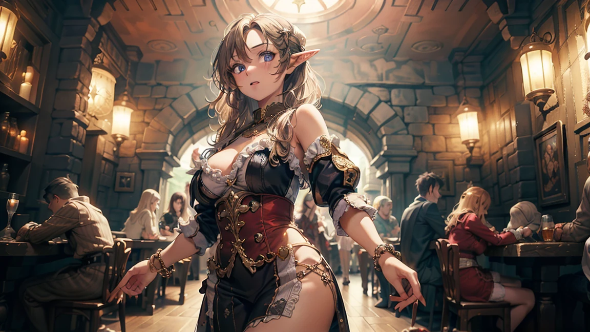 Three sexy women (varied height, varied weight, varied race, skimpy club mini skirt, airy sheer blouse deep plunging neckline giga breasts, crazy hairdo, tend towards fit and athletic) they are laughing and flirting and comparing breast sizes, lobby in crowded family restaurant