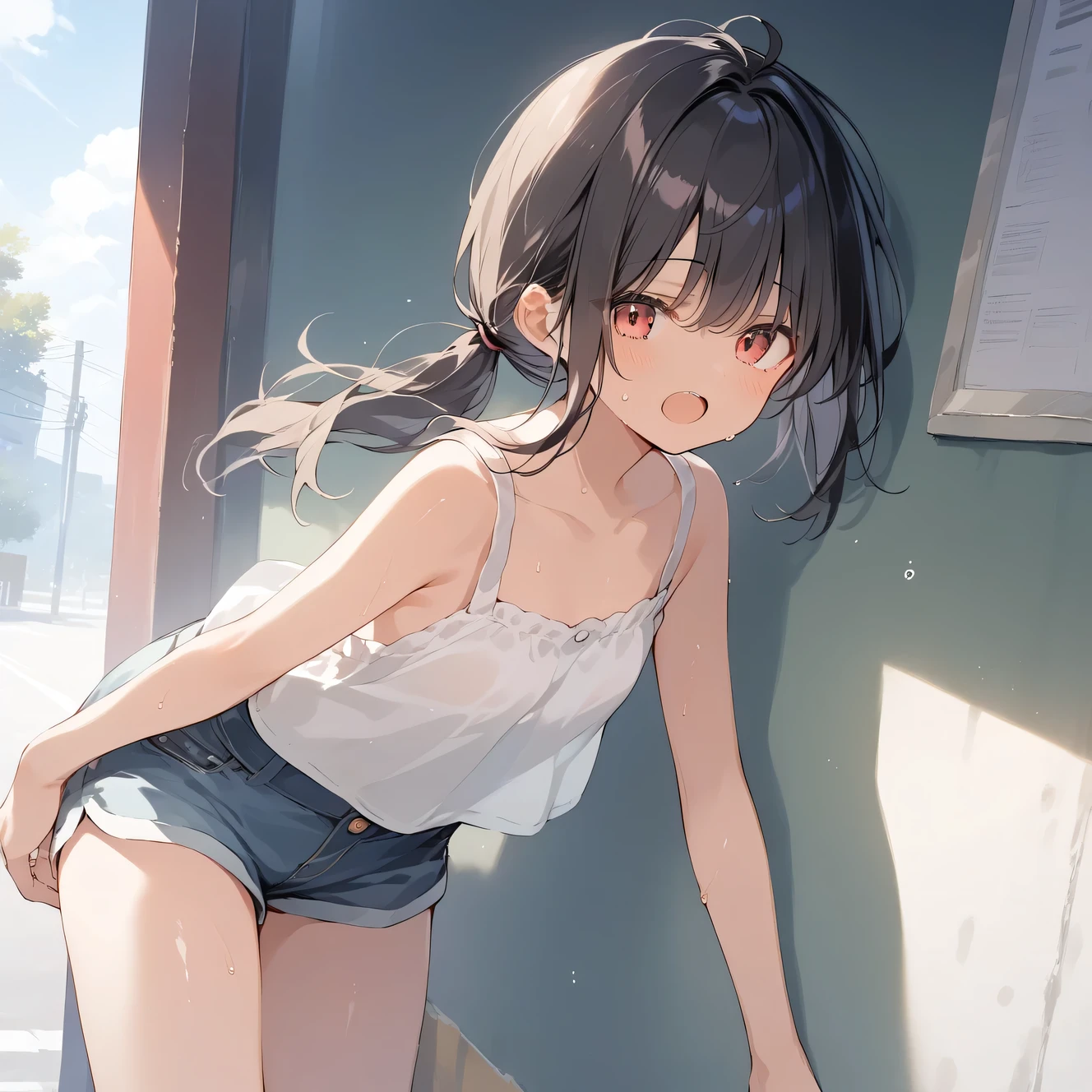score_9, score_8_up, score_7_up, source_anime, best quality, masterpiece,official art, absurdres, highres, waifu2x,break,1girl, tomboy, dark-skinned female, short hair, low ponytail, flat chest, beautiful detailed eyes, short shorts, sweat, open mouth, (yawn:0.3), sleepily, outdoors, break,(clear line illustration:1.2),very high resolution, very aesthetic, super detailed skin, Best sexual lighting powered by famous artist, 8k,cute picture,beauty illustration,photoshop_(medium),,(Detailed Lighting)