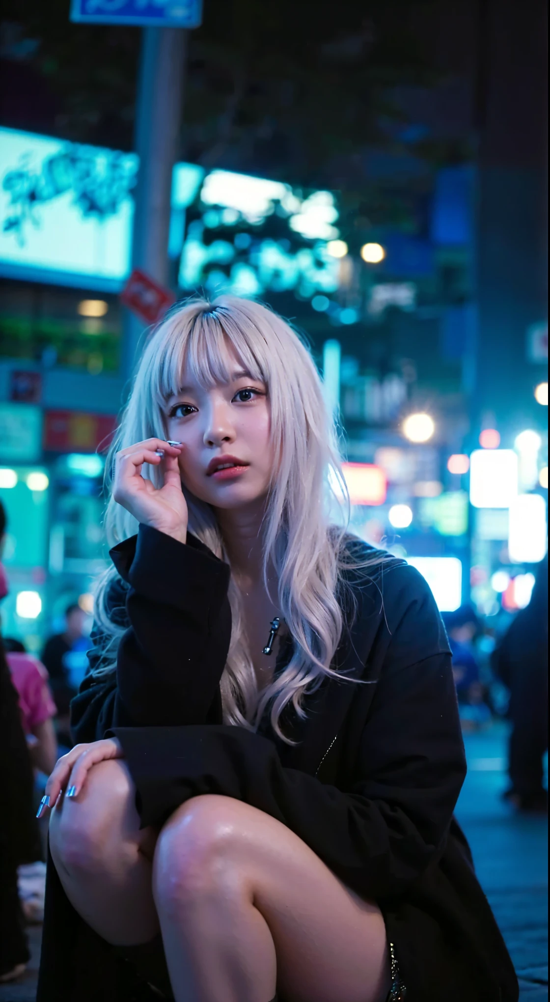 (Completely live action:1.37), (Amazingly realistic textures:1.37), (masterpiece, best quality:1.2), (8k uhd, 16k, 32k, ultra high res), amazingly realistic skin, amazingly realistic photo, superrealism, (photorealistic:1.37), (RAW photo), ultimately realistic, (ultimately realistic all details), (ultimately realistic all textures), super realistic lighting, super realistic shadow, (japanese girl:1.5), ((young face)), smiling, happy, super realistic face, ultimately realistic skin, ultimately realistic eyes, (mascara:1.35)ultimately realistic background, ultimately realistic detail up, kkw-ph1, ((drooping eyes, cyberpunk-style cyborg girl, amazingly intricate details, Anatomically perfect hands, mechanical body, silver knight armor, ultra glossy texture, purple hair))