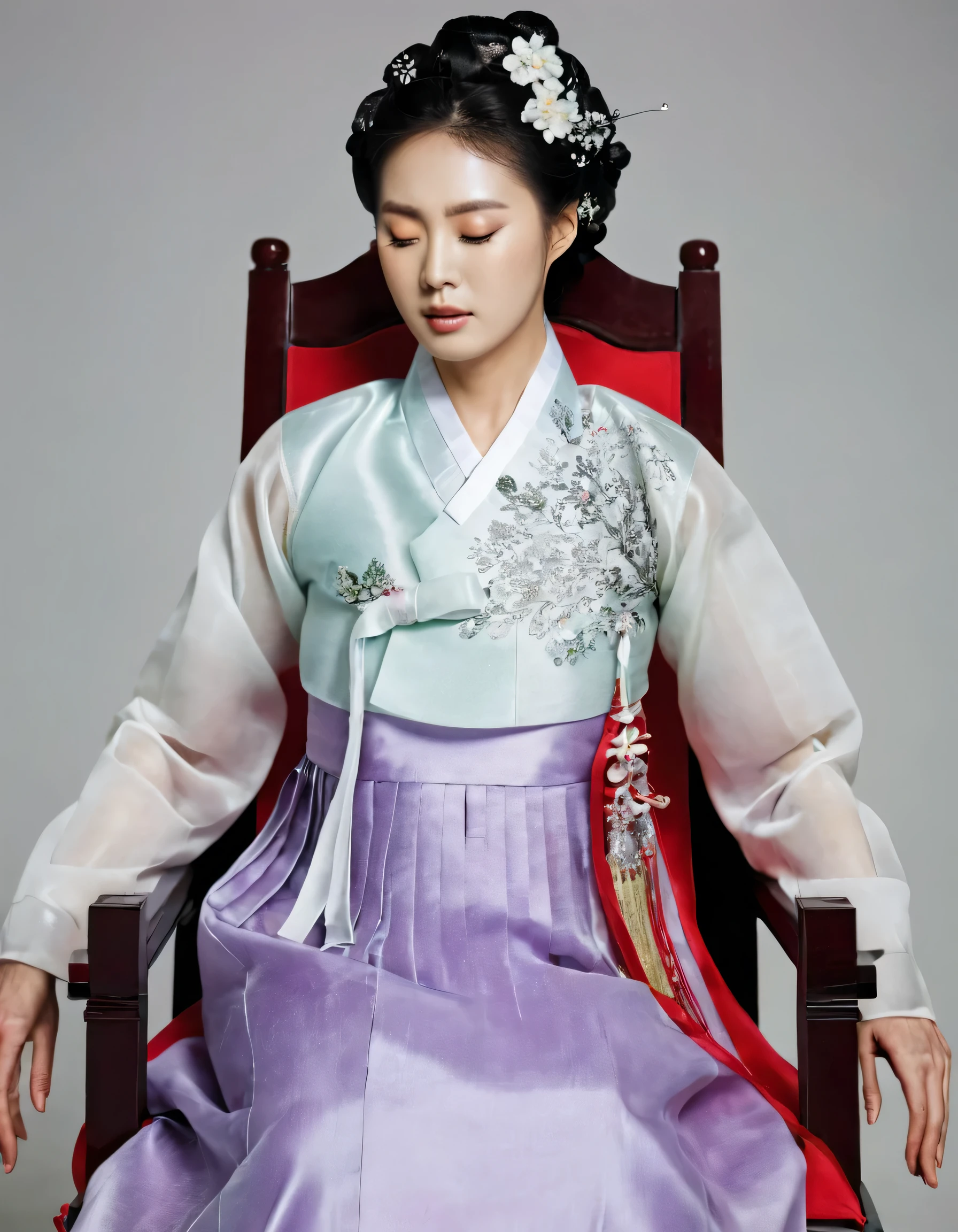 8k, A Korean man had surgery to change his body from male to female, his body is completely female, he has big breasts like a woman, but his face is not changed and still looks like a man, His hair is still manly and short, manly short hair, he is wearing a mother's hanbok dress costume, silk, Mother of the Bride Dress Outfit, black and red, Floral pattern, sexy, see-through, He sits upright in a special device chair, Being brainwashed, There are several electrical cords and electronic devices plugged into his head, Being brainwashed, brainwashing electronics attached to head, expressionless, eyes closed, unconscious, Full body shot