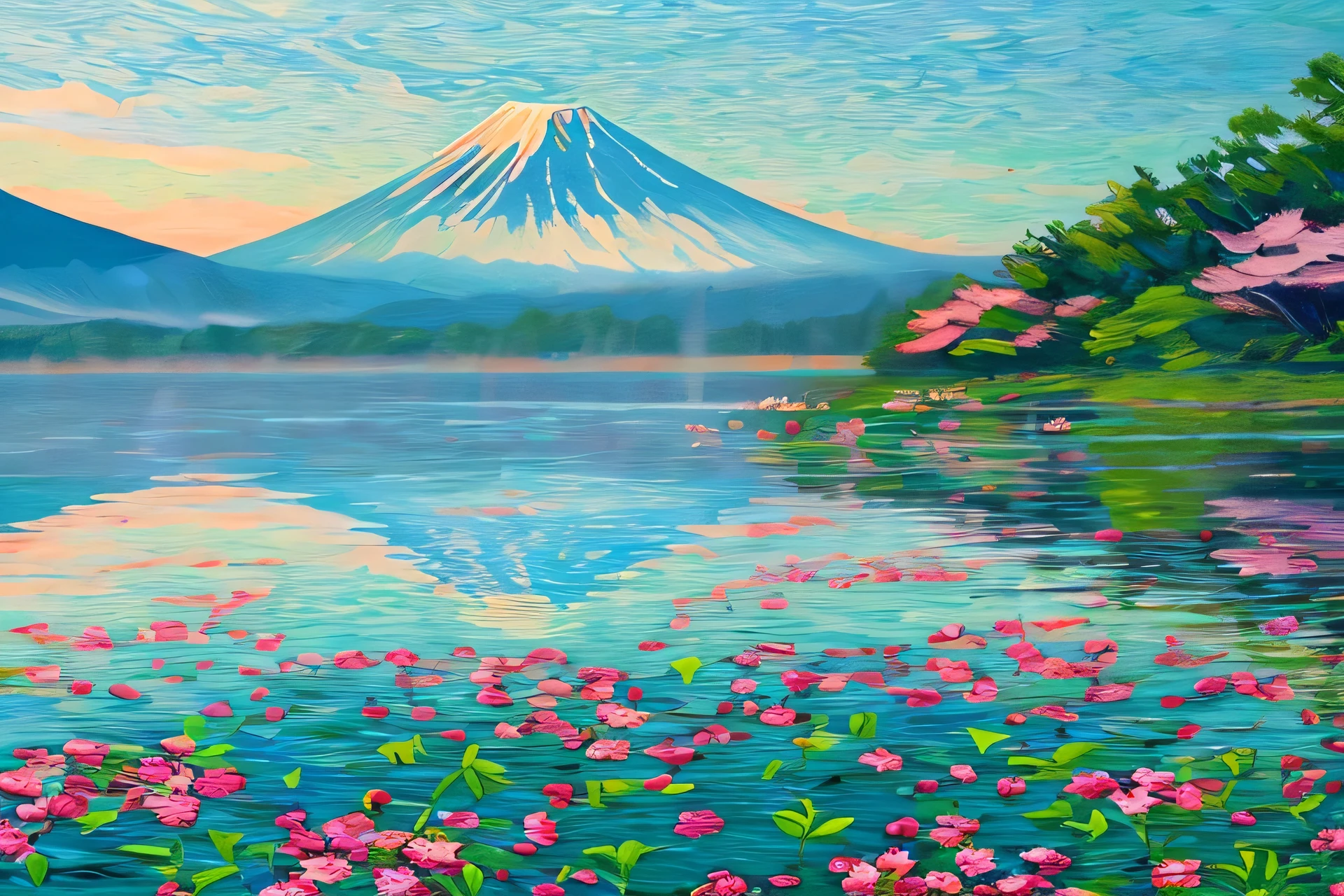 "A stunning oil painting of Mount Fuji reflected in the calm waters of a serene lake during springtime. Thick, textured brushstrokes emphasize the soft mist rising above the water, blending seamlessly with the warm pinks, purples, and blues of the morning sky. The majestic snow-capped peak stands tall, its reflection shimmering gently on the still surface. Cherry blossoms in full bloom frame the scene in the foreground, their delicate petals drifting in the breeze and scattering across the water. The lush greenery of the season contrasts beautifully with the soft pinks of the blossoms. The painting has a rich impressionistic style, capturing the tranquil beauty and timeless spirit of Japan’s most iconic landscape in spring."
