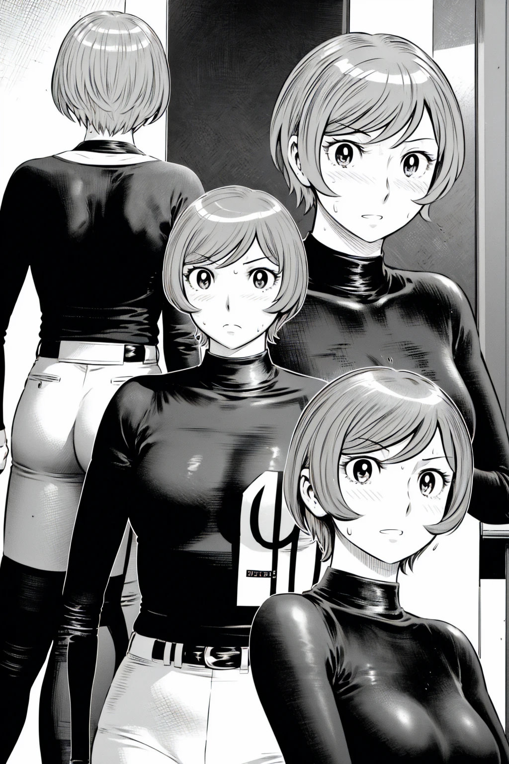 、(masterpiece、Highest quality)、Highest quality, Ultra-high resolution, (((masterpiece))), alone, Sweat、Big eyes,Tight black shirt、Tight white pants、belt、indoor、Composition from the front、(後ろCut your hair short、short hair、blonde、woman)、Shortcuts、Embarrassed face、Cut your hair short、可愛いwomanの子、Big Breasts、office
