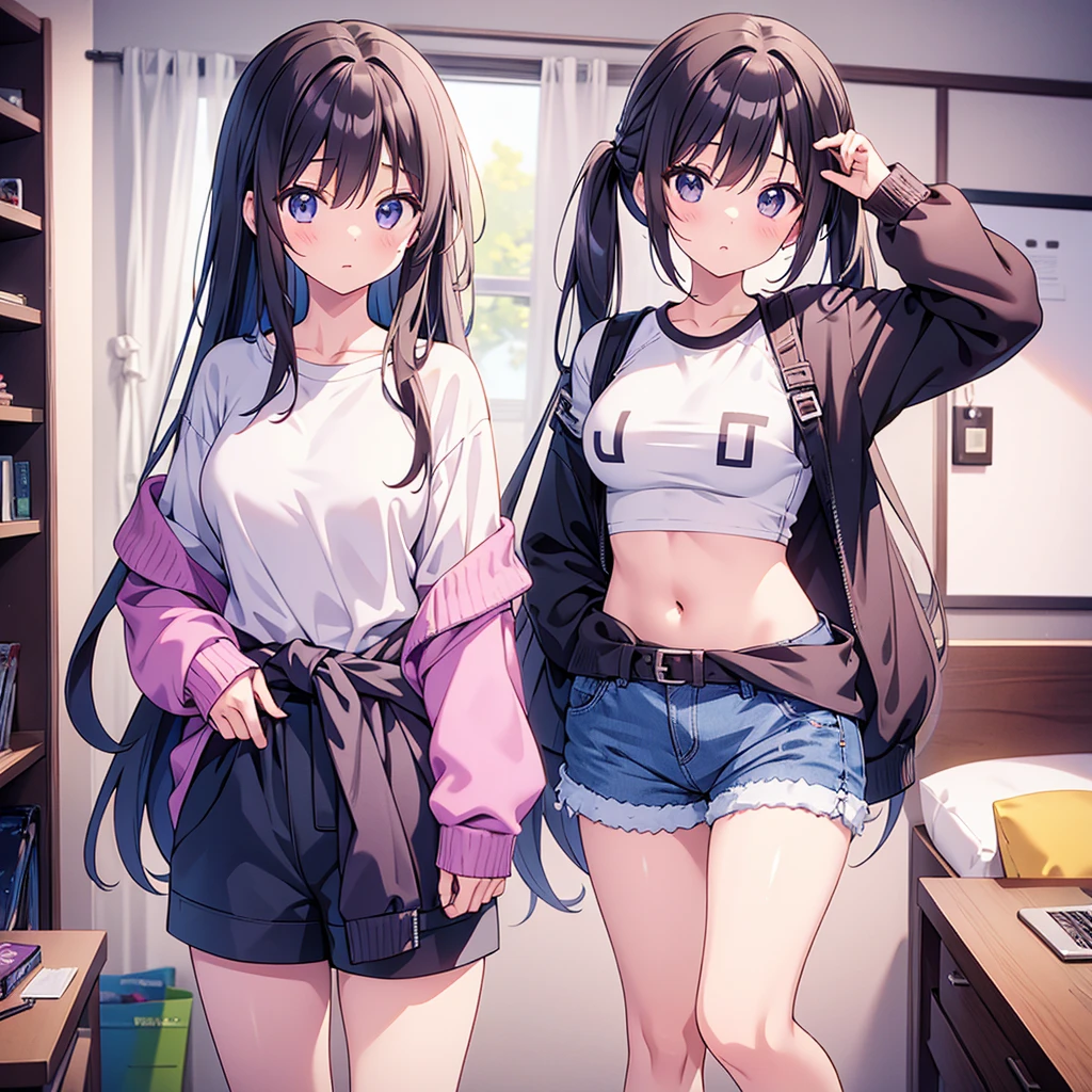 masterpiece, best quality, defYui, blue hoodie, black sweatpants, long sleeves, stairs, sitting, large breasts, from above, smile, sneakers