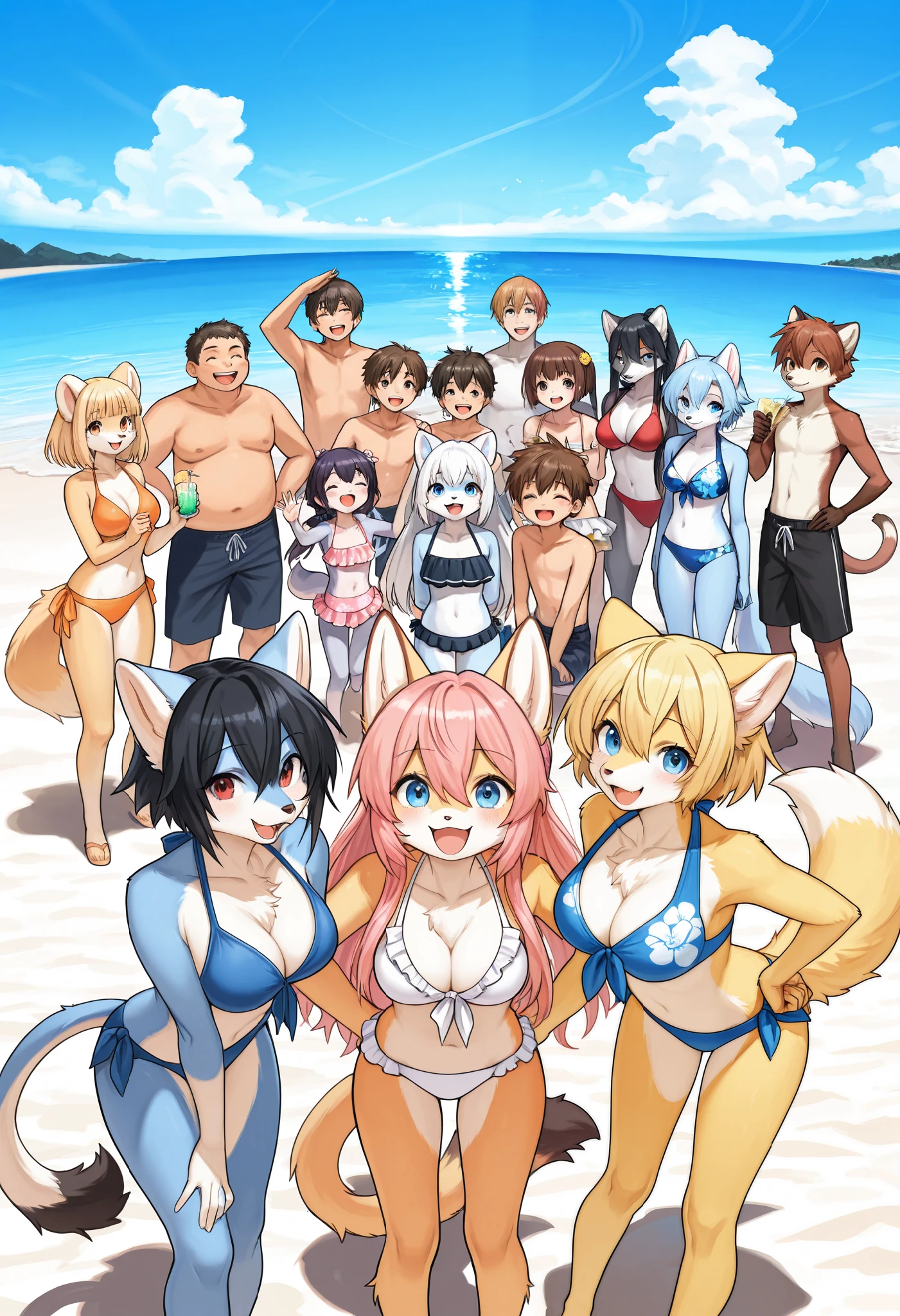 highest quality, highest quality, High quality illustrations, masterpiece, ultra high resolution, detailed background, detailed background, horizon, beach, midsummer sunshine, swimsuit, group shot:0.5, 6+the boys, 6+girl, Happy, Joyful, disorganized(Highly detailed beautiful face and eyes)perfect anatomy(photos taken with friends)(kemono, furry person)Self snap:0.5, 1girl,masterpiece, expensive quality, very_expensive_solve, big_file size, full color,(completely nude:1.2),pussy,niplles,),(toddler:1.6),(chibi:1.3),(flat chest:1.5),