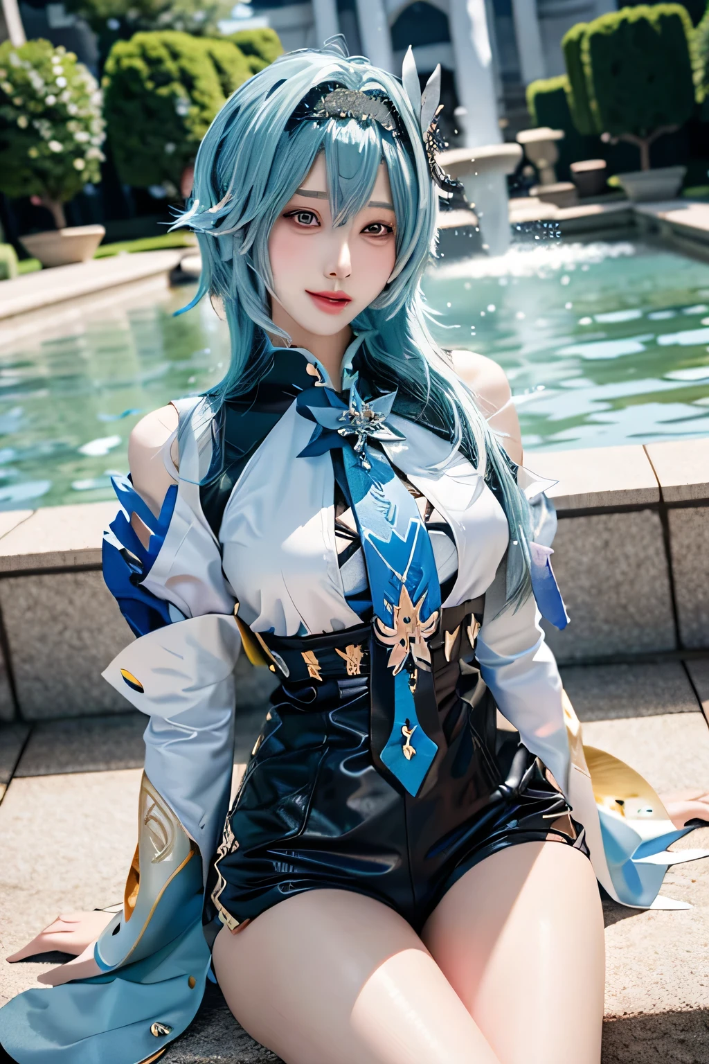 Beauty of a goddess, slim face, light smile, beautiful wan, 1girl, solo, (masterpiece:1.2), best quality, eula, genshin, high detailed, 8K resolution, looking at viewers, eula from genshin impact, outdoor, blue hair, hair ornaments, eula cosplay outfit