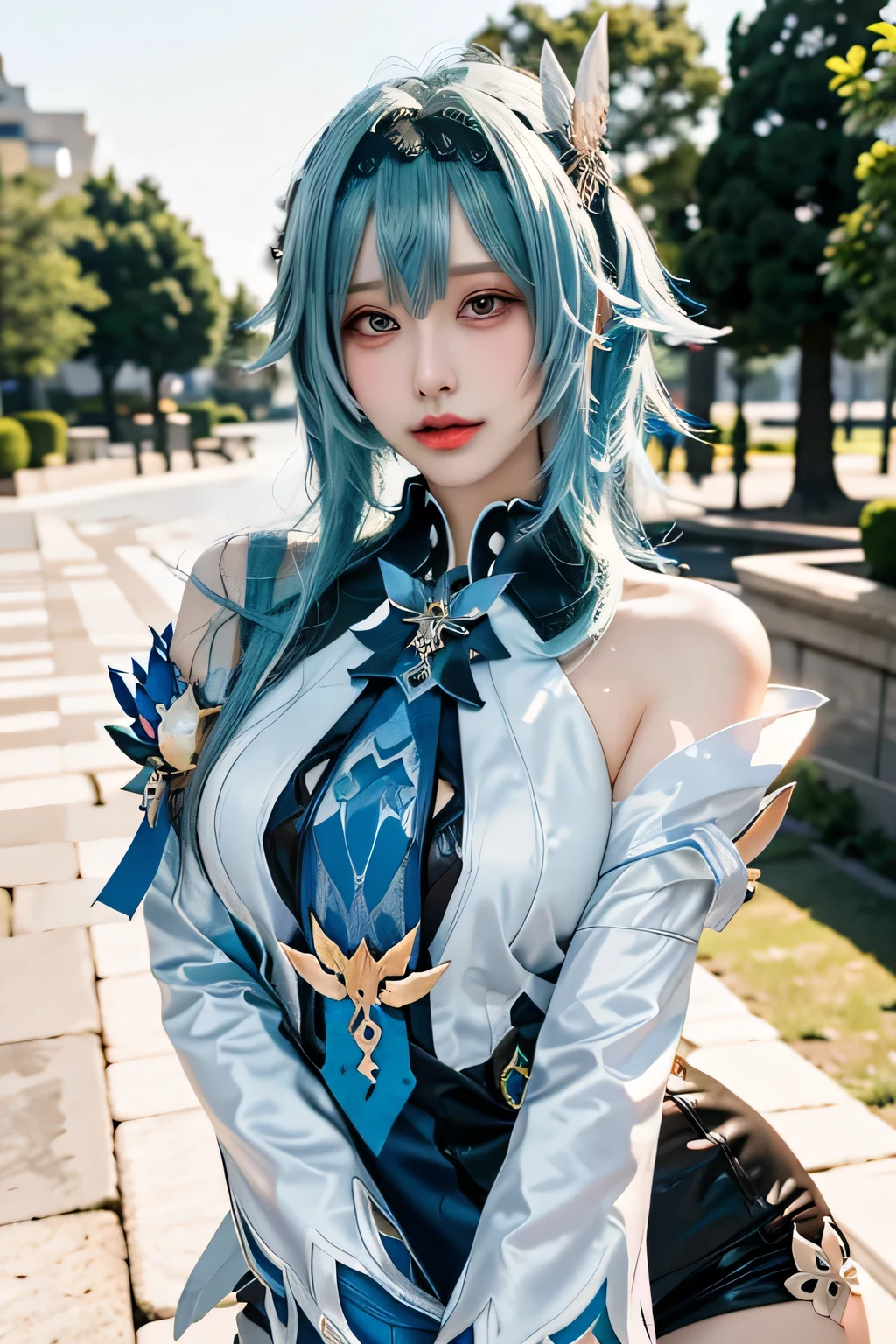 Beauty of a goddess, slim face, light smile, beautiful wan, 1girl, solo, (masterpiece:1.2), best quality, eula, genshin, high detailed, 8K resolution, looking at viewers, eula from genshin impact, outdoor, blue hair, hair ornaments, eula cosplay outfit
