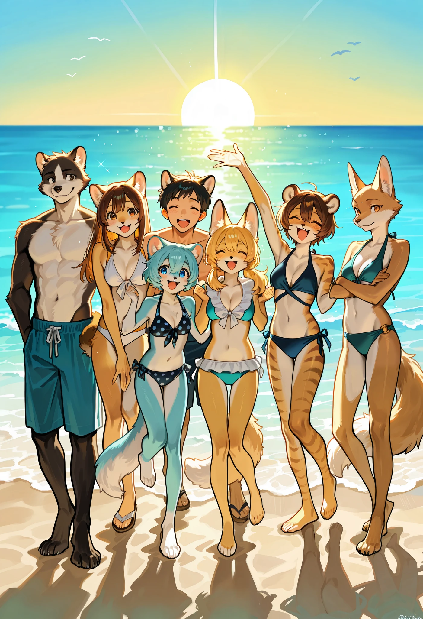 Hairy fox beast mother , Round face , (Tilt your face:1.1) , (Wink:1.2) , Moist, round eyes , Swollen cheeks , Estrus , Dark Hair , motherly smile , Glossy Lips , nude , (Body Paint Swimwear:1.2) , Sunny seaside , With the surprised beastmen