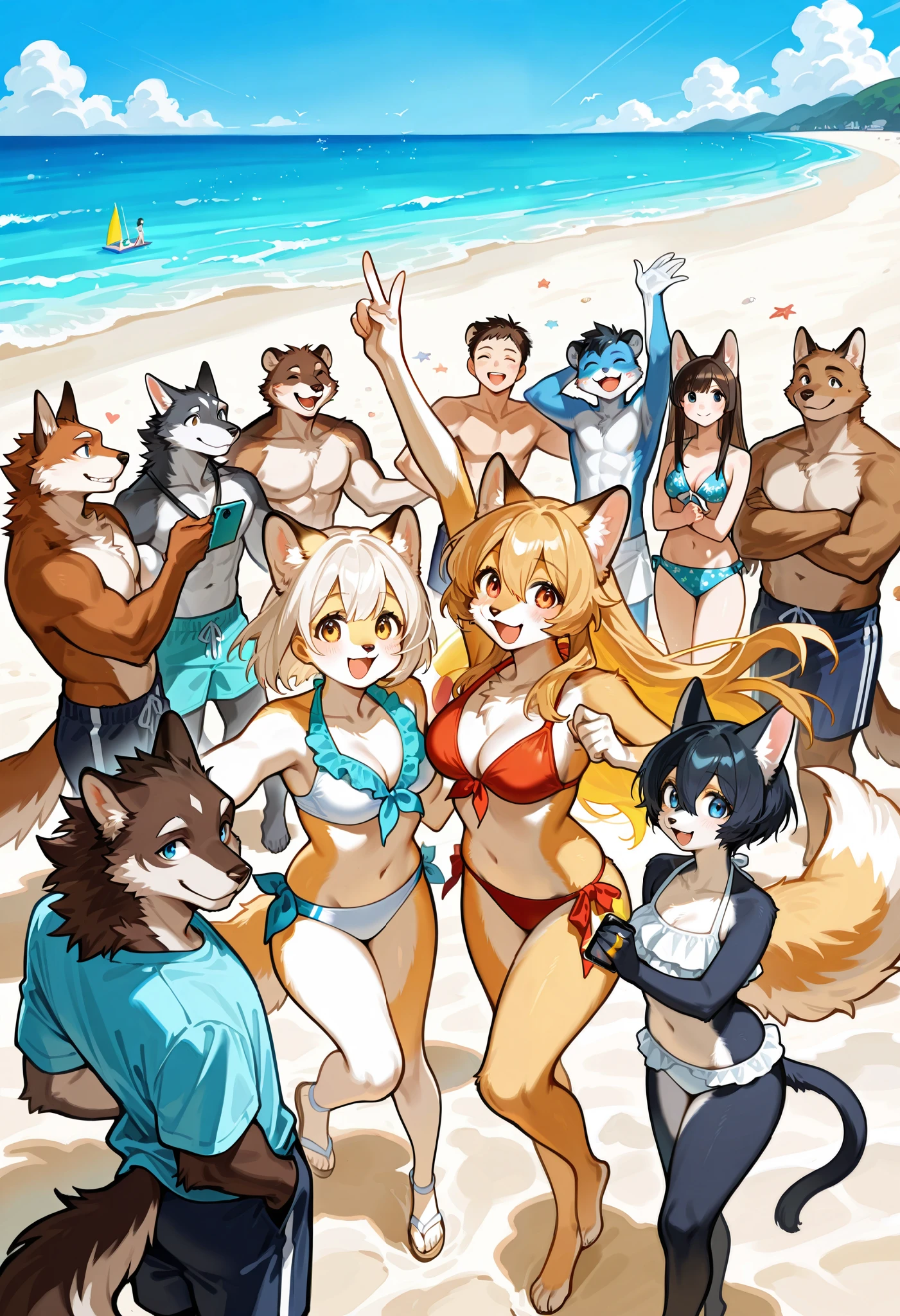 Hairy fox beast mother , Round face , (Tilt your face:1.1) , (Wink:1.2) , Moist, round eyes , Swollen cheeks , Estrus , Dark Hair , motherly smile , Glossy Lips , nude , (Body Paint Swimwear:1.2) , Sunny seaside , With the surprised beastmen