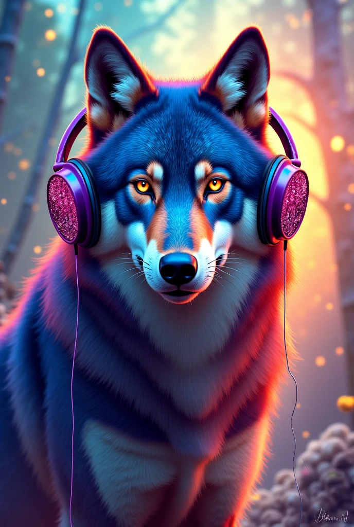 Create a wolf with earphones and fantastic colors