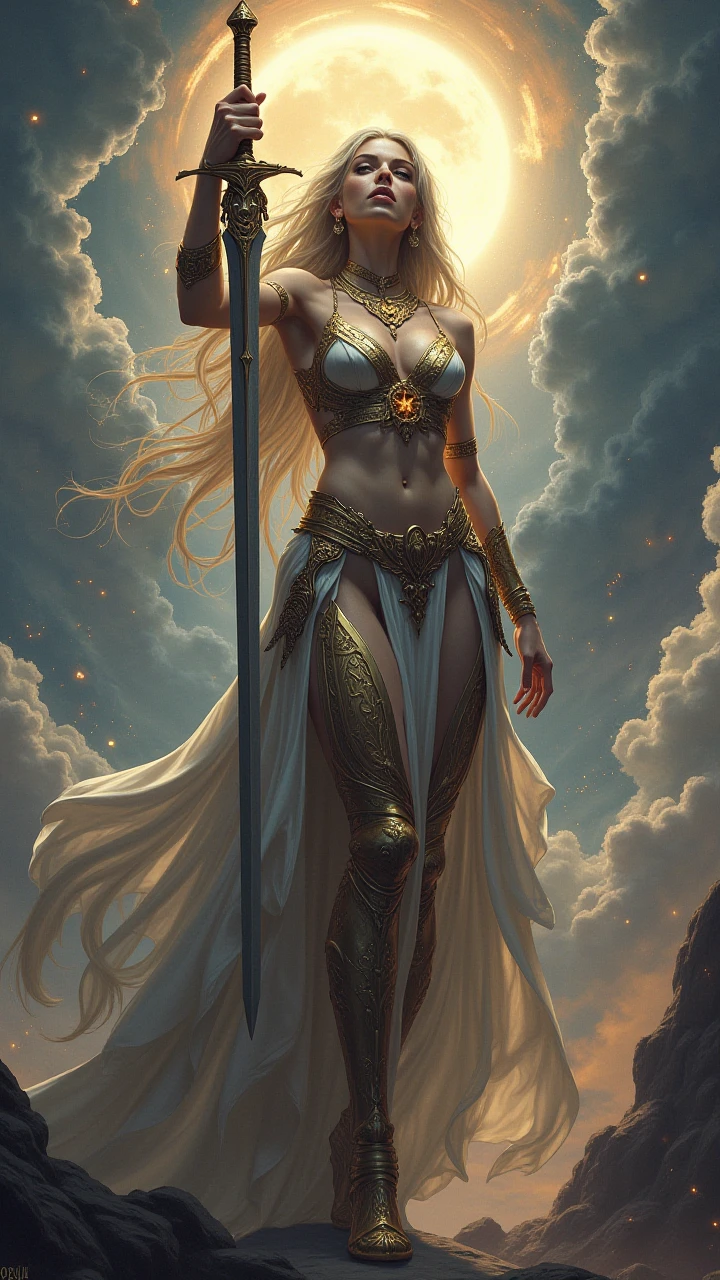 Mythical figure of the lady of the lake,A woman emerges from the water,Holding a sword in hand。She has long blonde hair,A cloak flutters in the wind,The surrounding sea is turbulent,choppy,In stark contrast to her calm and serene expression,The painting captures the mystery and power of the goddess of the lake,(RAW:1.2),(realisticlying:1.4),(Sharpness:1.2),(A woman who is),16 yaers old,(((body high:1.5))),(((Gemstones refract dazzling light))),((middlebreast:1)),(Abs:0.7),(glute:1.2),(healthy-looking skin, Thin skin, seductiveexpression, 二重まぶた,Jelly textured lips, Glowing lips,Small upturned lips,There is an eye in the middle of the forehead,(((Flawless skin texture))),Real pores,ctextured skin,choker necklace,Yingluo,(Wear gemstones,pearls,hisui,amber,),((Gorgeous and exquisite crown,gemstone setting)),(Dynamic hair,Hair hanging down the shoulders,Beaded hairpins,Nobile,),Glossy glossy skin,Glowing skin,Radiant hair,eyes looking at the lens,The head is illuminated with an aperture,The body shines,
High quality detailing, Cinematic lighting,((Contre-Jour)),absurderes, unbelievable Ridiculous, hugefilesize, ultra - detailed, A high resolution, The is very detailed,best qualtiy,tmasterpiece,illustratio,The is very detailed,CG,unified,8k 壁纸,Amazing Cleavage,finely detailled,tmasterpiece,(((dynamicposes))),(((A fighting stance))), ((Correct anatomy)),(((Correct dissection))