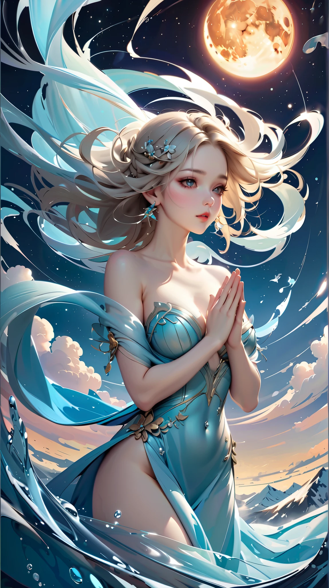 ((High quality)), meticulous painting, like a fish flying in the North Sea, soft and delicate colors, clear water droplets, clouds in the firmament, gentle dusk, soft light hitting the water, flowing picture, ink style. --auto