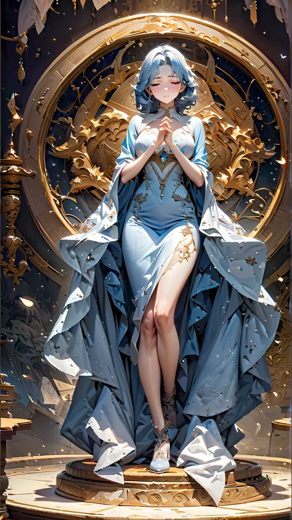 Best Best quality, masterpiece, ultra high res, raw photo, beautiful and aesthetic,deep shadow, dark theme,(photorealistic:1.4),
1girl, dress with frills, gloves, stoking, sexy pose, Headdress, hair ornament, full of curtain, drill hair, long hair, blonde hair, gradient hair, yellow eyes, solo, huge breasts, big hair, blue hair, tiara, divine goddess, looking at viewer, royal palace, indoors, bedroom, astraea, full body, detailed face