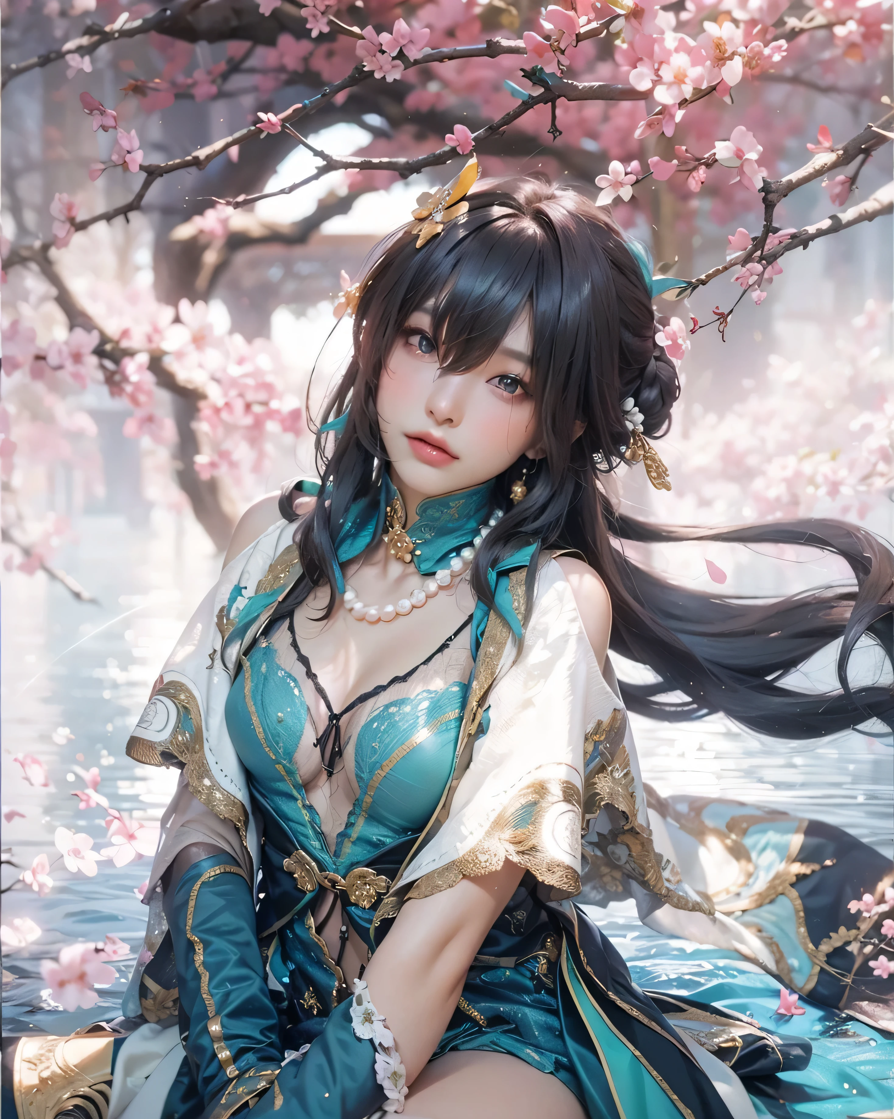 ((RUAN MEI_HONKAI STAR RAIL),((realistic, photorealistic)),(highlight hair)), Light reflection, (( HD )),((upper body)), (((best quality, masterpiece))), (masterpiece) (best quality) (detail) (8k) (HDR) (wallpaper) (cinematic lighting) (sharp focuasterpiece, best quality: 1.1), Real life adaption of this character, Asian beauty face, Shining Purple eyes, realistic outfit, realistic shadow, realistic light, realism, hyper realistic, realistic background,(photorealistic:1.2), 1girl, ruan mei \(honkai: star rail\), solo, china dress, green gloves, hair ornament, detached collar, necklace, thigh strap, carpet, lying, bed sheet, looking at viewer, facing away, blush, parted lips, hands up score_9, score_8_up, score_7_upscore_9, score_8_up, score_7_up, source_anime, ruan mei, black hair, aqua eyes, long hair, hair bun, single hair bun, sidelocks, streaked hair, hair between eyes, chinese clothes, pearl earrings, pearl necklace, thigh strap, bare shoulders, covered navel, aqua collar, jewelry, detached sleeves, sleeveless, sleeveless dress, clothing cutout, hair ornament, dress, elbow gloves, gloves, aqua dress, aqua footwear, aqua gloves, hairpin, high heels, garden laboratory, working on scientific experiments, surrounded by sakura trees in full bloom, cowboy shot, dutch angle, hand on shoulder, elbow out Cherry blossoms are flying,Reflection water, cherry blossoms falling in the water, floating hair,