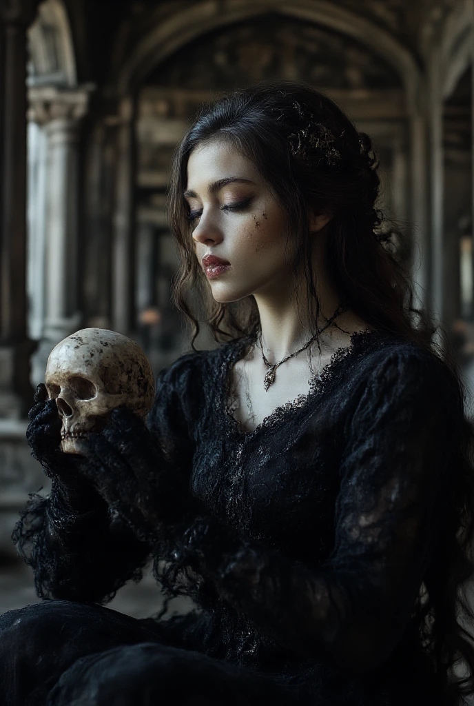 A haunted face having bones on her head