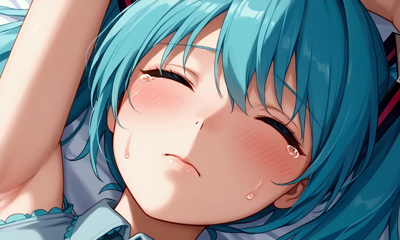 ((( Hatsune Miku)))、a girl falling into the depths of the sea, on her back and asleep 、Close-up、Sad expression、 I'm crying 、 with eyes closed、