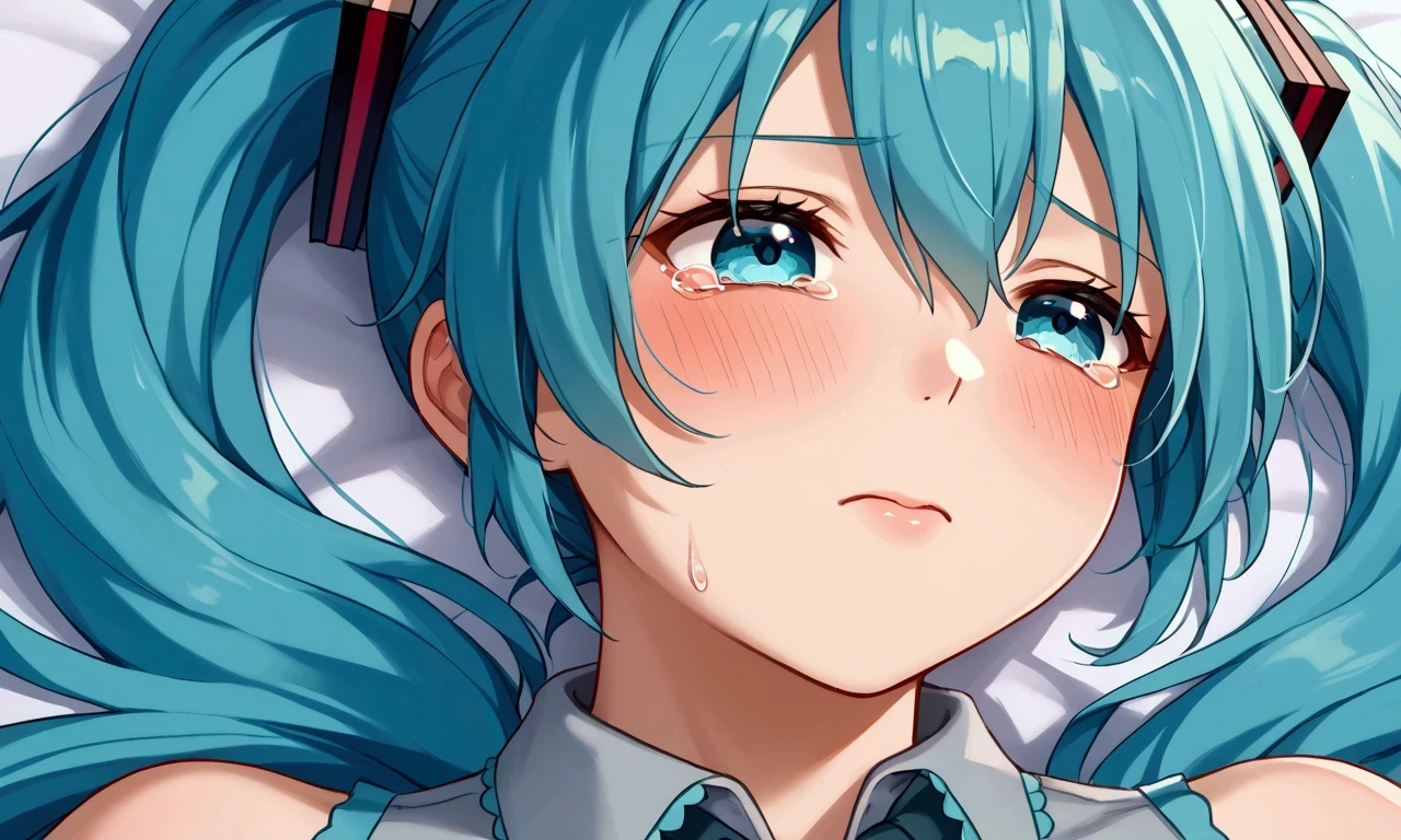 ((( Hatsune Miku)))、a girl falling into the depths of the sea, on her back and asleep 、 close-up、Sad expression、 I'm crying 、