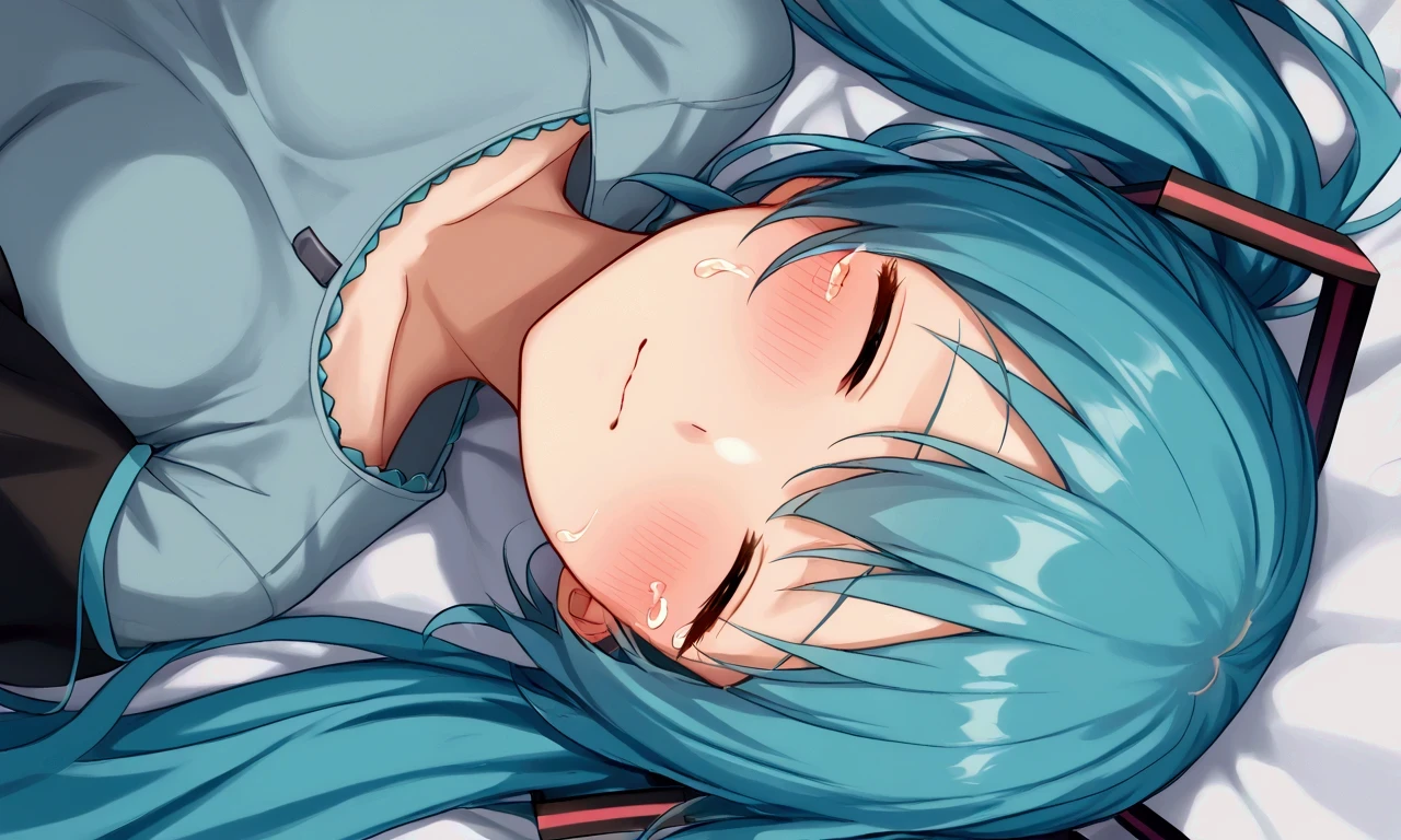 ((( Hatsune Miku)))、a girl falling into the depths of the sea, on her back and asleep 、 close-up、Sad expression、 I'm crying 、