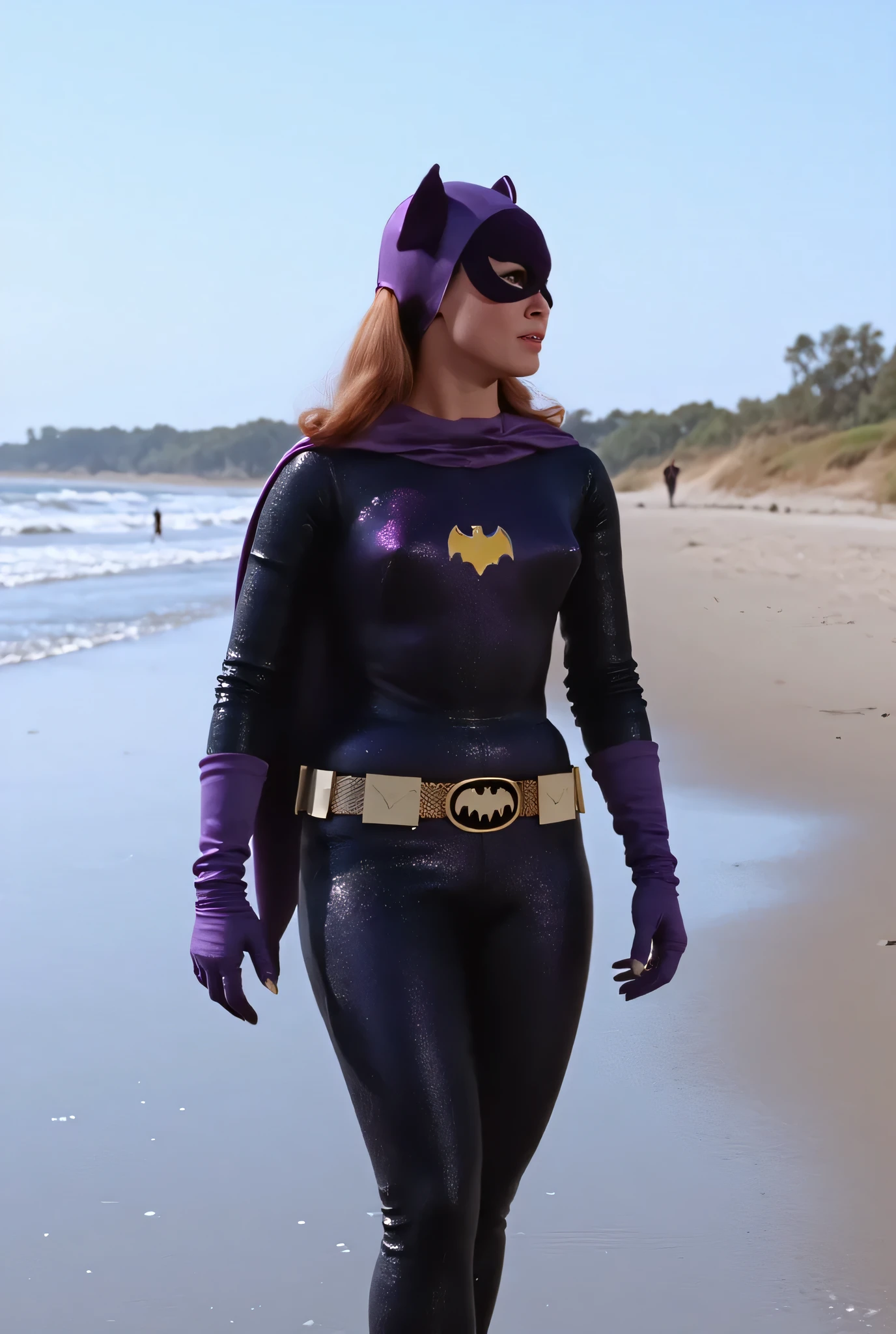 Wet, humid, soaked. Ultrarealistic, 4K, high resolution. NSFW. Perfect body woman. Luxurious detailed. Young woman, tall blonde very long hair, hairstyle ponytail, spectacular hourglass body, small waist, low big teardrop breasts, perfect legs. Wearing tight full body plain polyester shiny black catsuit front zipper wide open, showing off amply her bust. Plunging neckline very low. Wearing tight high-heels knee boots. Walking along a empty beach. Cocky Expression.