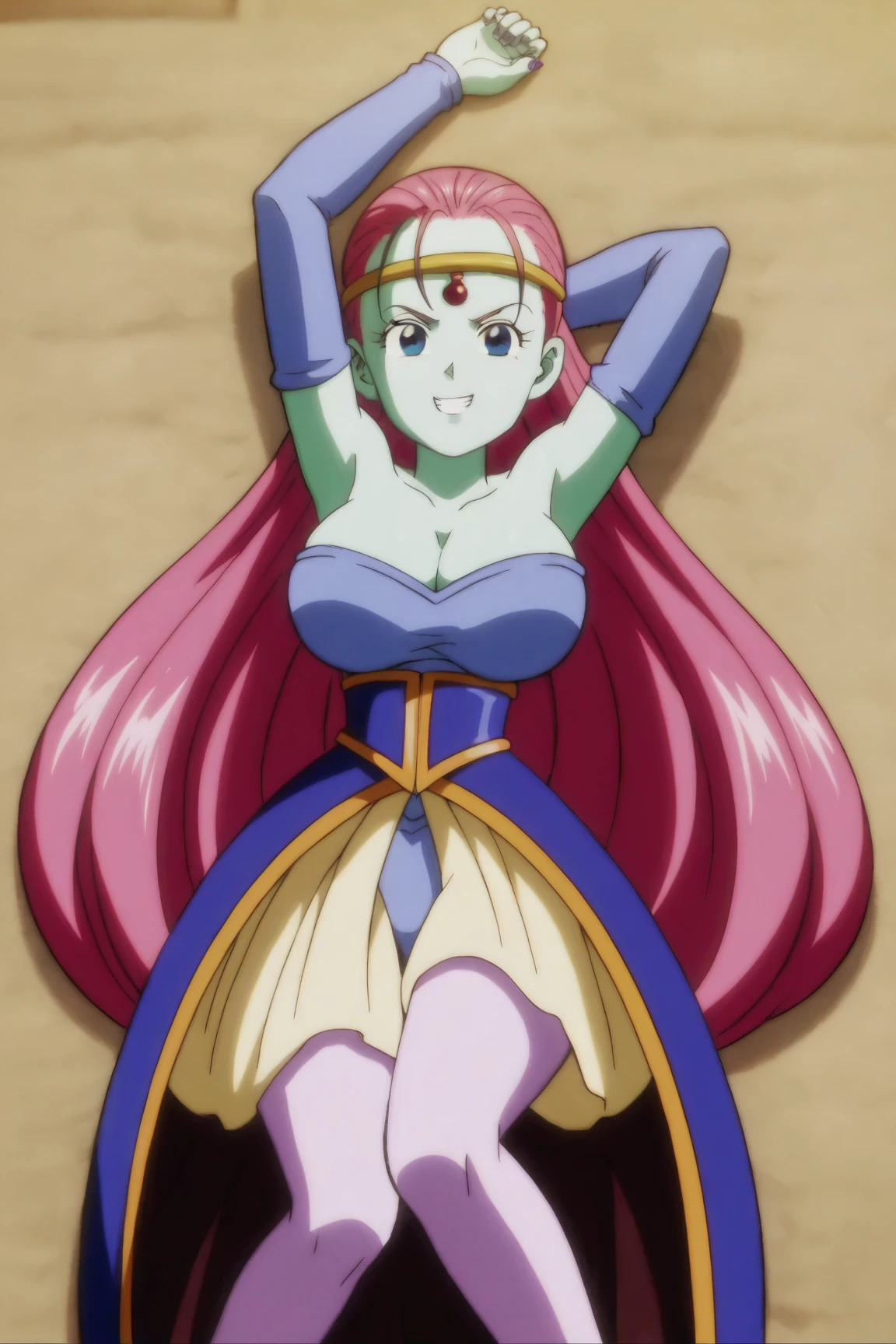 masterpiece, best quality,medieval armor, corset, breastplate,lum, , urusei yatsura, cloak, pants, pullover, kimono,martial pov,, pantyhose, sharpteeth, standing,smile, matial art, lance holding, full body, boots , pant, medium breast, pants, paladin, pullover