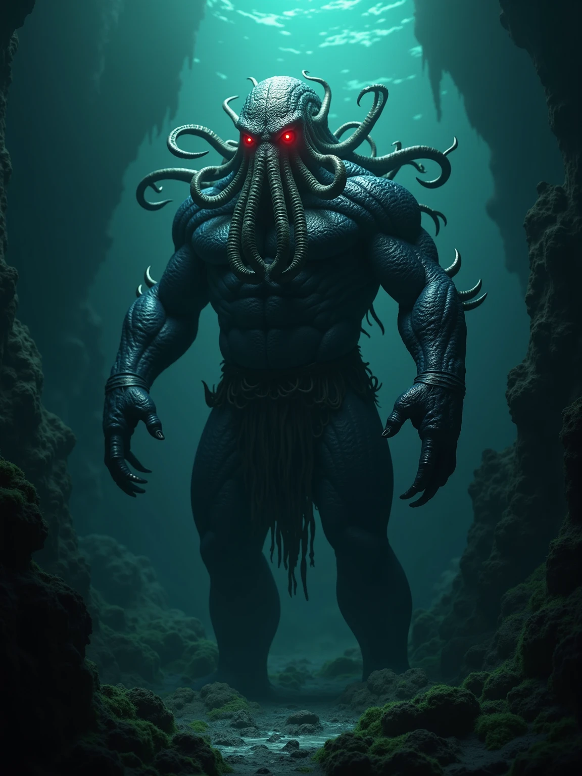 A dark and scary underwater landscape, where the gigantic Cthulhu emerges from the abyssal depths. Cthulhu has a colossal body, with a head full of tentacles that move in a threatening manner. His eyes shine brightly, casting an ominous glow that illuminates the dark waters. Around him, You can see remains of ancient shipwrecks and structures of a lost civilization, covered by algae and corals. Strange fish and sea creatures swim around, but they seem small and insignificant compared to the terrifying majesty of Cthulhu.. Light barely reaches the bottom of the ocean, which creates deep shadows and an atmosphere full of mystery and horror.