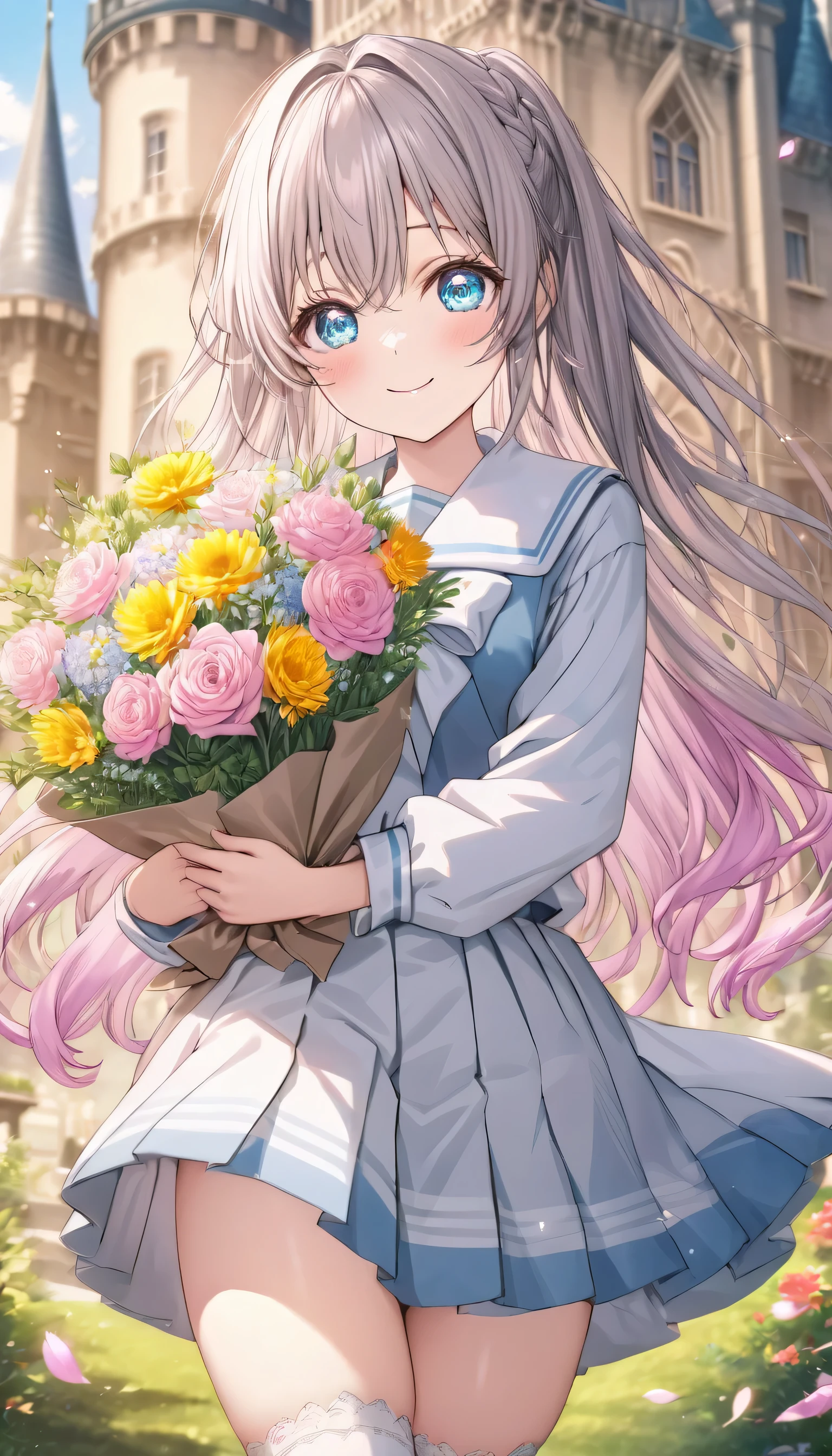 ((ultra-detailed)), (highly detailed CG), (best quality:1.2), ultra-highly detailed, colorful composition, artistic photoshoot, 1girl, solo focus, ((thigh to top:1.4)), ((cowboy shot:1.4)), moe anime character, girl, dainty facial structure, (bab(round face), ((rounded chin:1.2)), ((ideal ratio body proportions)), celia-default, celia claire, (blue eyes), sparkle eyes, pale pink gray hair color, long hair, ample breasts, school uniform, sailor suit, traditional Japanese style with navy blue and white colors, detailed ribbon and pleated skirt,0 black high socks, dynamic pose, from front, ((holding a colorful big bouquet)), petals glowing and fluttering, standing by the victorian garden with flowers, castle, beautiful detailed sky, expecting, pink cheek, blush, light pink gloss slip, portrait, depth of field, soft lighting, sidelighting, (shine), lighting, caustics, ray tracing, smile, perfect face, lustrous skin, highly detailed face, highly detailed eyes, perfect face, perfect nose, perfect hair, perfect eyes, perfect anatomy, beautiful hair, beautiful small face, extremely detailed face, beautiful detailed eyes, beautiful clavicle, beautiful body, beautiful huge breasts, leavage, breasts squeezed together, equalize the size of the left and right breasts, beautiful thin thighs, beautiful legs, beautiful fingers, 4 fingers, 1 thumb, lovely, (very detailed background:1.0), (highly detailed background:1.0), spring aesthetic, intricate details, joyful atmosphere, spring colors palette, chromatic aberration