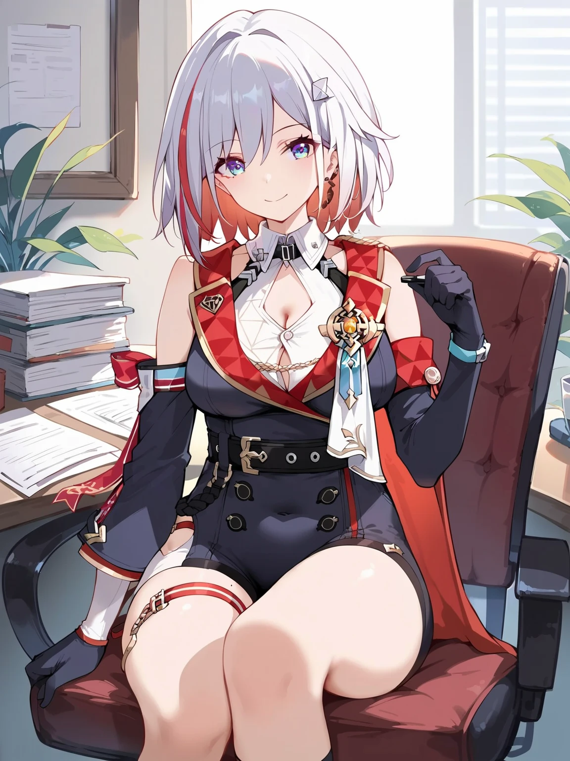 best quality, masterpiece, highres, solo, {enterprise_azurlane:1.15}, long_hair, purple_eyes, white_hair, breasts, hat, bangs, large_breasts, sleeveless, necktie, smile, peaked_cap, white_headwear, black_necktie, blush, very_long_hair, hair_between_eyes, 1girl, bare_shoulders, black_coat, coat, collared_shirt, open_clothes, shirt, sleeveless_shirt, white_shirt, closed_mouth, looking_at_viewer, simple_background, off_shoulder, open_coat, military_hat, white_background, legs, thick legs, sitting, upper view