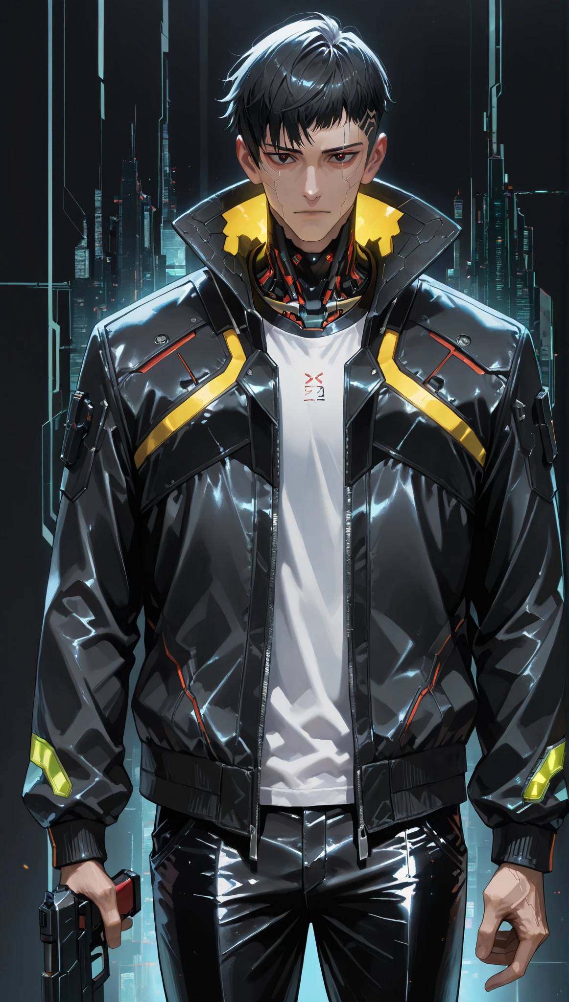 very aesthetic, 걸작, 고해상도, 8k 해상도, 매우 상세한, best_quality, finely_detailed_eyes_and_detailed_face, 1 남성, (masculine),(cyberpunk, cyberware, cybernetic lines, edgerunners), black_hair, short_cut, black_pupils, black jacket, white t-shirt, leather pants, long_sleeves, looking at viewer, (black_background),straight-on, front_view, cowboy_shot, holding_handgun