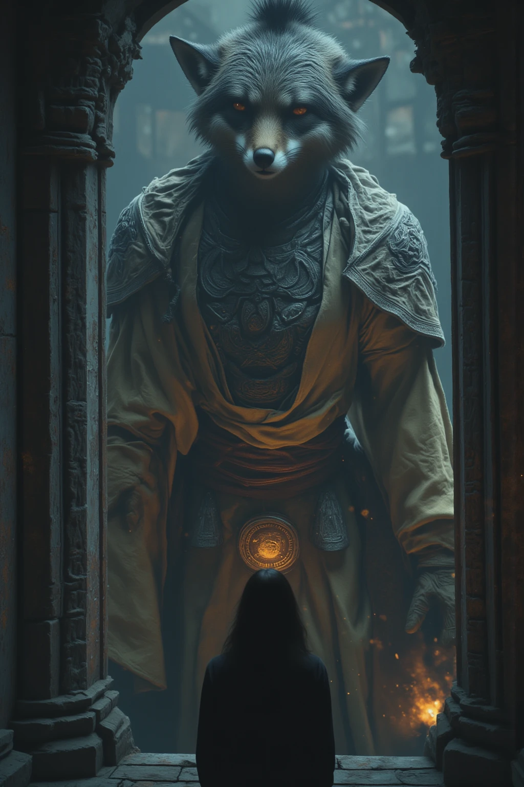 8k, An old shrine, fox, shaman,