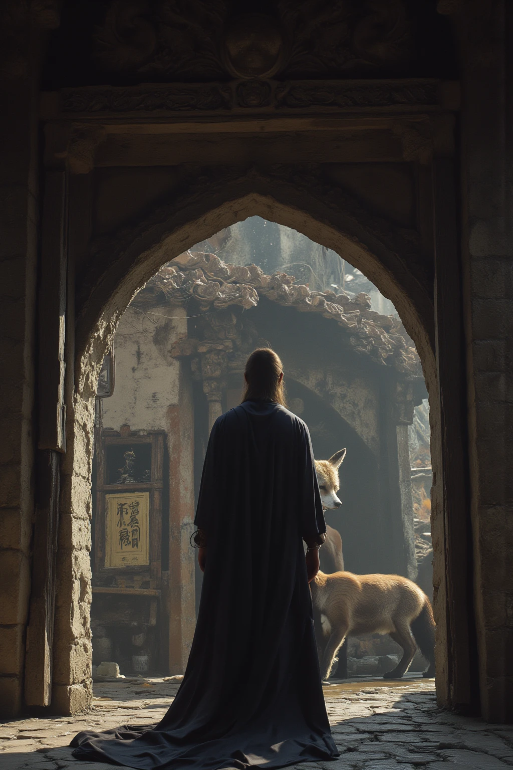 8k, An old shrine, fox, shaman,