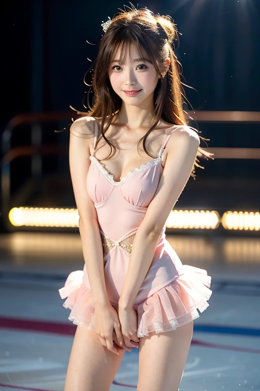 A pretty girl with perfect figure,(Lori,sixteen years old), (White one-piece swimsuit with floral pattern), Very small breasts,Straight super short black hair,bangss,Stand in the ring of professional wrestling,extremely detailed face and skin, Detailed eyes, Double eyelids, little smiling,put hands on the hip,Wrestling boots,shairband,Lace gloves,Less muscle,AKB48,独奏