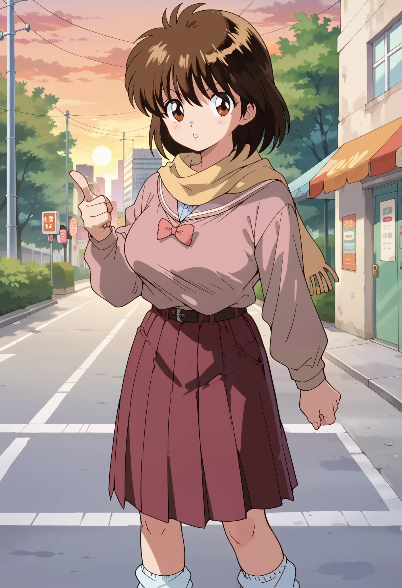 score_9, score_8_up, score_7_up,anime_source, source_anime, best background, detailed background, anime screencap, 4k, upscale, Keiko Yukimura, (light blue school sailor uniform with yellow scarf, school school skirt, loose socks:1.1), leather shoes, 1girl, solo, looking at viewer, closed mouth, sunset, portrait, pointing, on the street, city, urban, shops, in Japan, Japanese atmosphere, pointing at viewer, finger gun , ultra huge breasts, ultra huge cleavages, ultra huge tits, ultra huge boob,