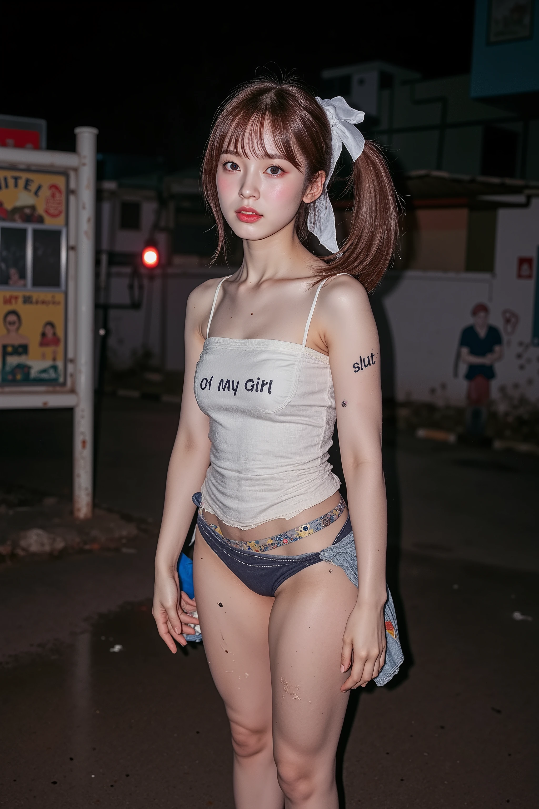 NSFW,
Realistic, photojournalism, documentary technique,
Hasselblad, 85mm Carl Zweiss lens, high resolution,
(full body visible :1.5),
The ground she is standing on is wet,
Looking at the camera and looking a little surprised,
Young Korean girl,
She is Arin, the youngest member of the idol group "OH MY GIRL",
Ponytail, bangs,
She is in her early s,
Big round brown eyes,
She has very white skin,
She has dark brown hair,
Her legs are a little chubby,
She is wearing a white camisole,
Her clothes are old and very dirty,
Very dirty,
She has a tattoo that says "slut",
She has a tattoo of a picture of a poop,

She lives in the slums and is very dirty,
She looks unhealthy,
She is prostituting herself in the slums,
Her customers are beggars,
She has many warts,
She has many scars,
Her clothes have many stains,
Some of the stains are black, some yellow, some red,
Her clothes are torn in places,
She is leaking urine,

Standing in front of a cheap brothel in the slums at night,
The slums are dark at night,
Only the red lantern of the brothel is dimly lit,
She is appealing to men passing by to buy her,
She says "you can do any sexual act you want",
She can be bought for next to nothing,