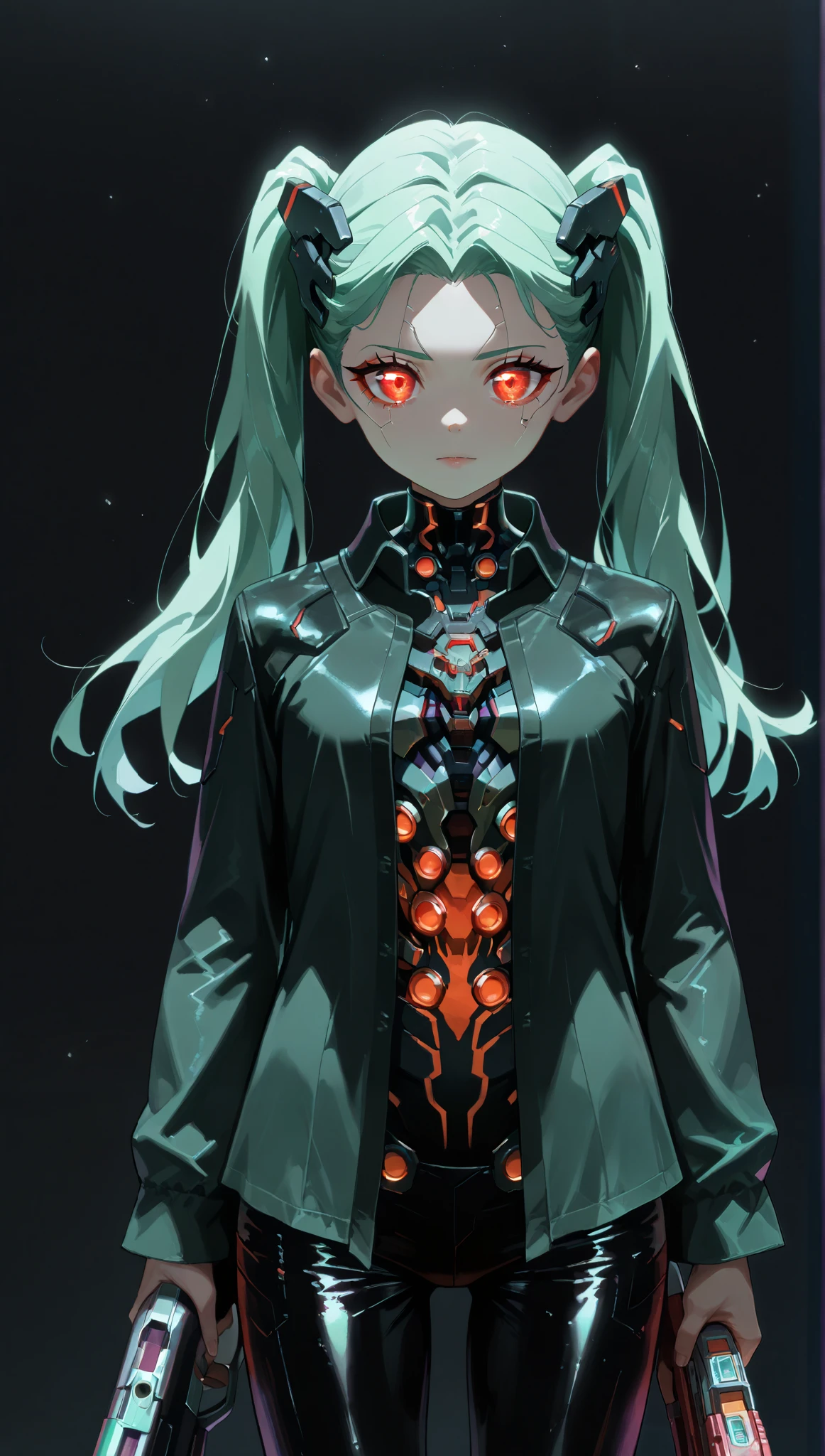 very aesthetic, 걸작, 고해상도, 8k 해상도, 매우 상세한, best_quality, finely_detailed_eyes_and_detailed_face, 1 여성, (cyberpunk, cyberware, cybernetic lines, edgerunners), green_hair, long hair, twintail, glowing red_eyes, cyberware eyes, black opened dress_shirt, leather pants, long_sleeves, looking at viewer, (black_background),straight-on, front_view, cowboy_shot, (Rebecca, li), holding_shotgun