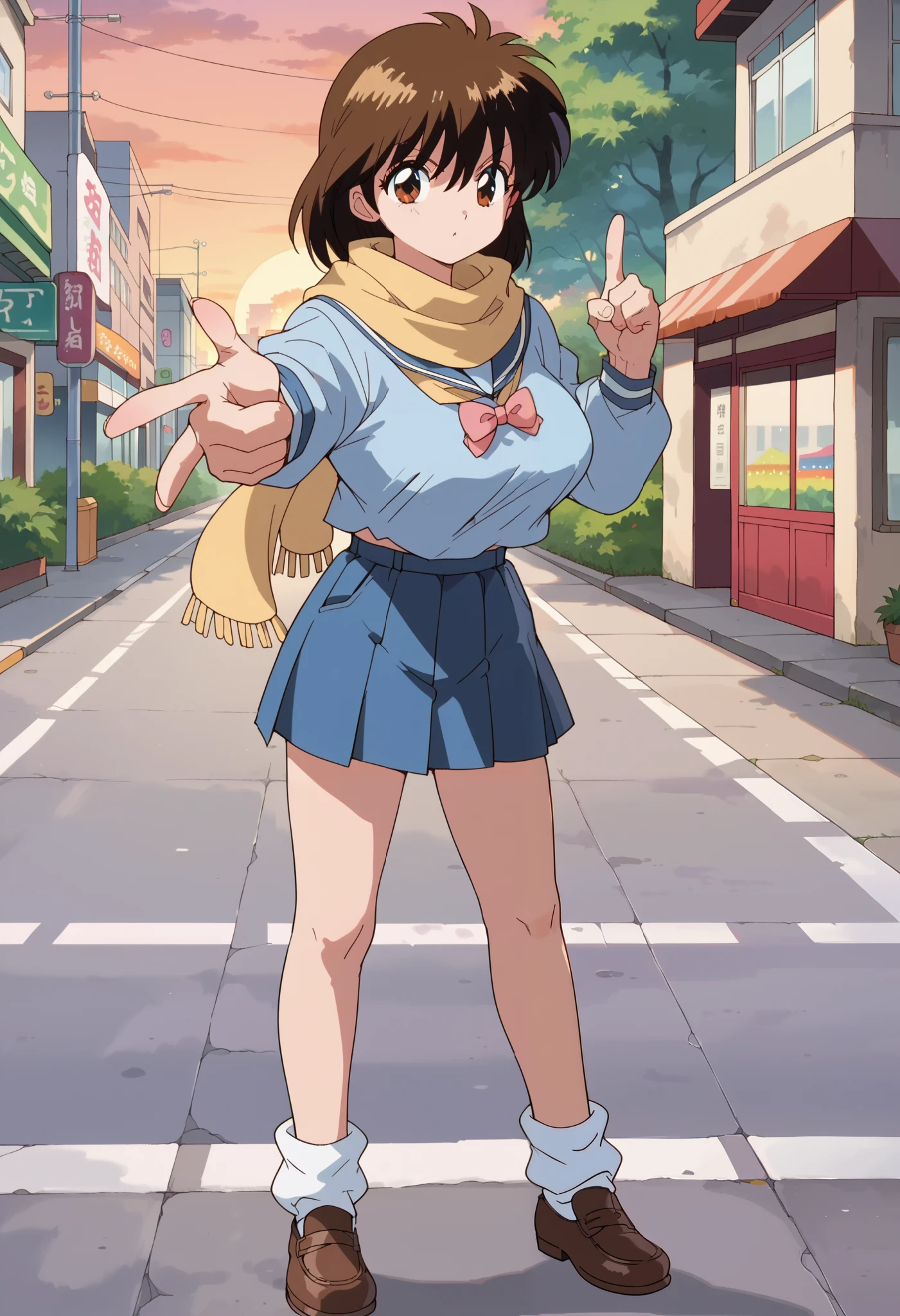 score_9, score_8_up, score_7_up,anime_source, source_anime, best background, detailed background, anime screencap, 4k, upscale, Keiko Yukimura, (light blue school sailor uniform with yellow scarf, school school skirt, loose socks:1.1), leather shoes, 1girl, solo, looking at viewer, closed mouth, sunset, portrait, pointing, on the street, city, urban, shops, in Japan, Japanese atmosphere, pointing at viewer, finger gun , ultra huge breasts, ultra huge cleavages, ultra huge tits, ultra huge boob,