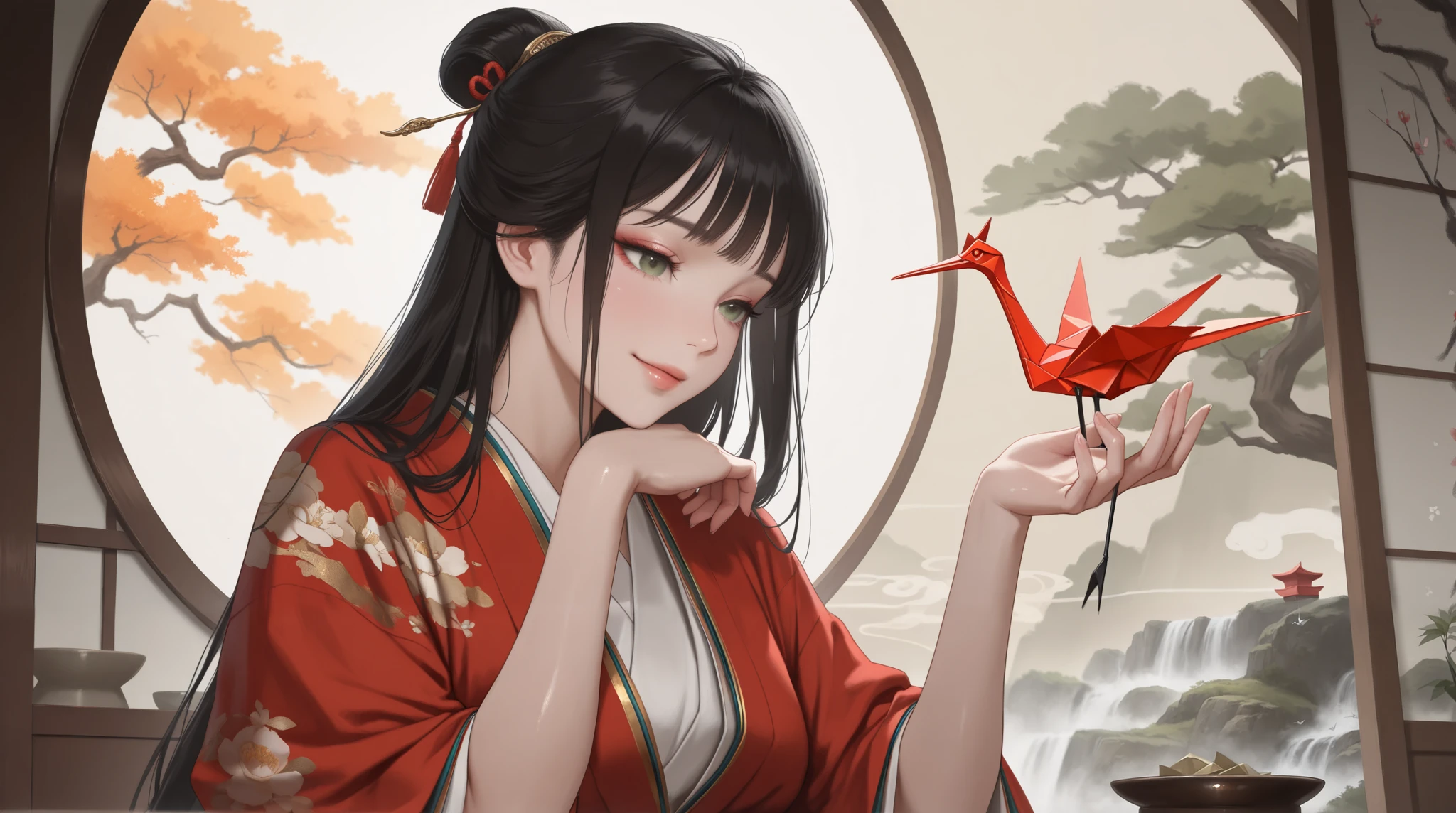 (( top quality)),( Ultra High Resolution),( very detailed),( detailed explanation ),(( best CG )),( Best Artwork ), Ultra-precise art, Amazing Art of Painting,(Exquisite art:1.5), old Japanese painting, woman, a beautiful and well-groomed face , light makeup, 12 brilliant singles, A gentle smile, Shiny long black hair, smooth skin, Origami Crane, Heian nobility, brocade