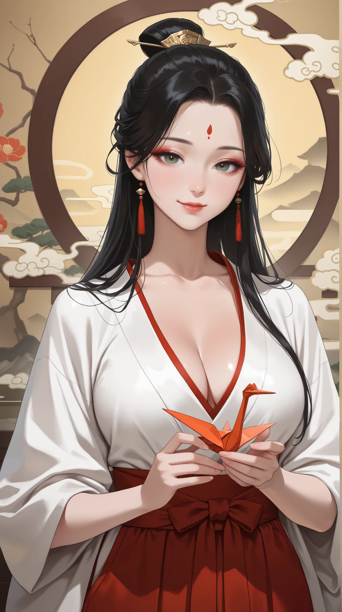 (( top quality)),( Ultra High Resolution),( very detailed),( detailed explanation ),(( best CG )),( Best Artwork ), Ultra-precise art, Amazing Art of Painting,(Exquisite art:1.5), old Japanese painting, woman, a beautiful and well-groomed face , light makeup, 12 brilliant singles, A gentle smile, Shiny long black hair, smooth skin, Origami Crane, Heian nobility, brocade