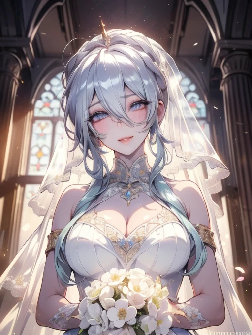 ((unity 16k wallpaper, masterpiece, best quality, ultra-detailed, extremely detailed CG, caustics, cinematic lighting, detailed, beautiful detailed eyes, NSFW: 2.0, 30 years old, dynamic pose)), erotic, sexy, ultra high-definition, ((cleavage)), fine skin, (cute: 1.2), clavicle, ((JPOP idol)), ((attractive)), (paul white wedding dress: 2.0, wedding veil, wide prairie: 2.0, nature, arms outstretched, beautiful hair))
