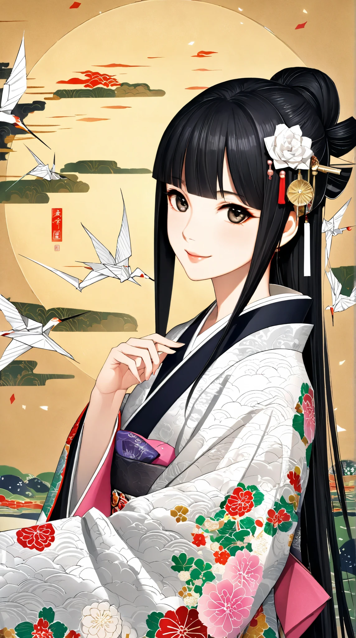 (( top quality)),( Ultra High Resolution),( very detailed),( detailed explanation ),(( best CG )),( Best Artwork ), Ultra-precise art, Amazing Art of Painting,(Exquisite art:1.5), old Japanese painting, woman, a beautiful and well-groomed face , light makeup, 12 brilliant singles, A gentle smile, Shiny long black hair, smooth skin, Origami Crane, Heian nobility, brocade