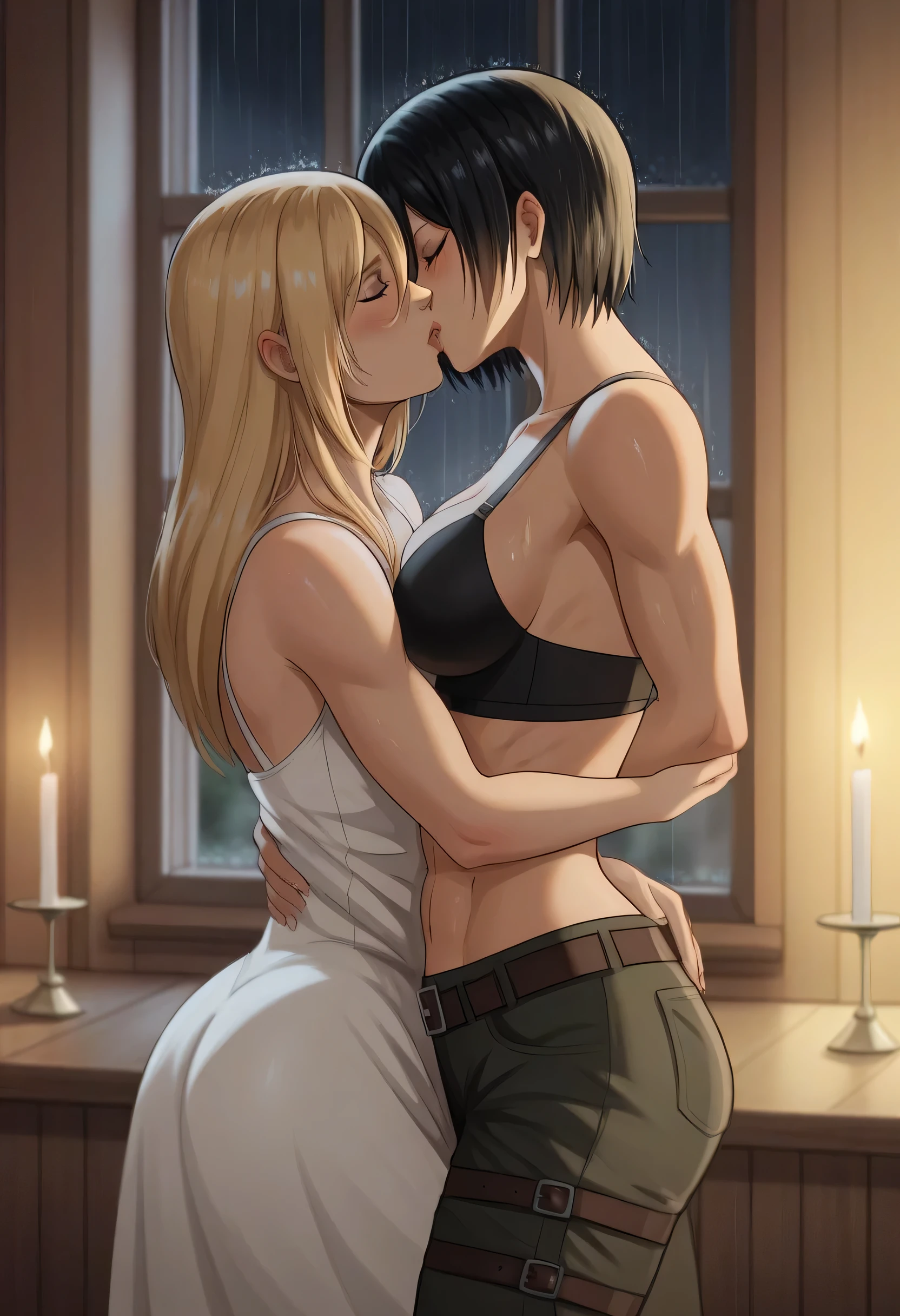 score_9, score_8_up, score_7_up, BREAK source_anime, historia reiss, blue eyes, blonde hair, long hair, medium breasts, long white dress sleeveless,female black hair soldier hugs historia,Mikasa with historia hugs,mikasa wreanig sport black bra with open green jacket and black combat pants,Mikasa female with short hair,mikasa female medium breasts,eyes closed,in night,moon in sky,mikasa final season,mikasa,Mikasa hugs historia،mikasa femboy,mikasa final season,historia blonde hair,hugs and kissing,mikasa carrying historia and kissing her,Mikasa lifts Historia up and kisses her.in middle night,raining outside,mikasa final season,girls kissing,girl×girl,lesbians,yuri,romantic wallpapers,historia sitting on mikasa and kissing her,Mikasa in both hands touch historia ass, raining outside the room,mikasa final season design,character's from season 4,historia enjoyed while kissing mikasa, both,one of Historia hands touch mikasa abs,romantic kissing,mikasa pixie cut hairstyle,Serious love,inside room,dark room,candle light in room,HD WALLPAPER,perfect colors,Shining on character's hair,Shining body's,fairy tail anime artstyle