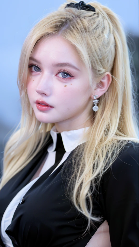 (8K, 4K, Best Quality, Highres, Ultra High Res:1.1), (Masterpiece, Realistic, Photo-Realistic:1.1), 1girl, Face, Close-Up, Twintails, Blonde Hair, Black Eyes, Red Lips, (Looking in Audience: 2), Wearing a trendy football uniform, bare waist, football shorts, ridiculously long hair, long eyelashes, eye shadow, small face, big eyes, bare shoulders, high contrast,