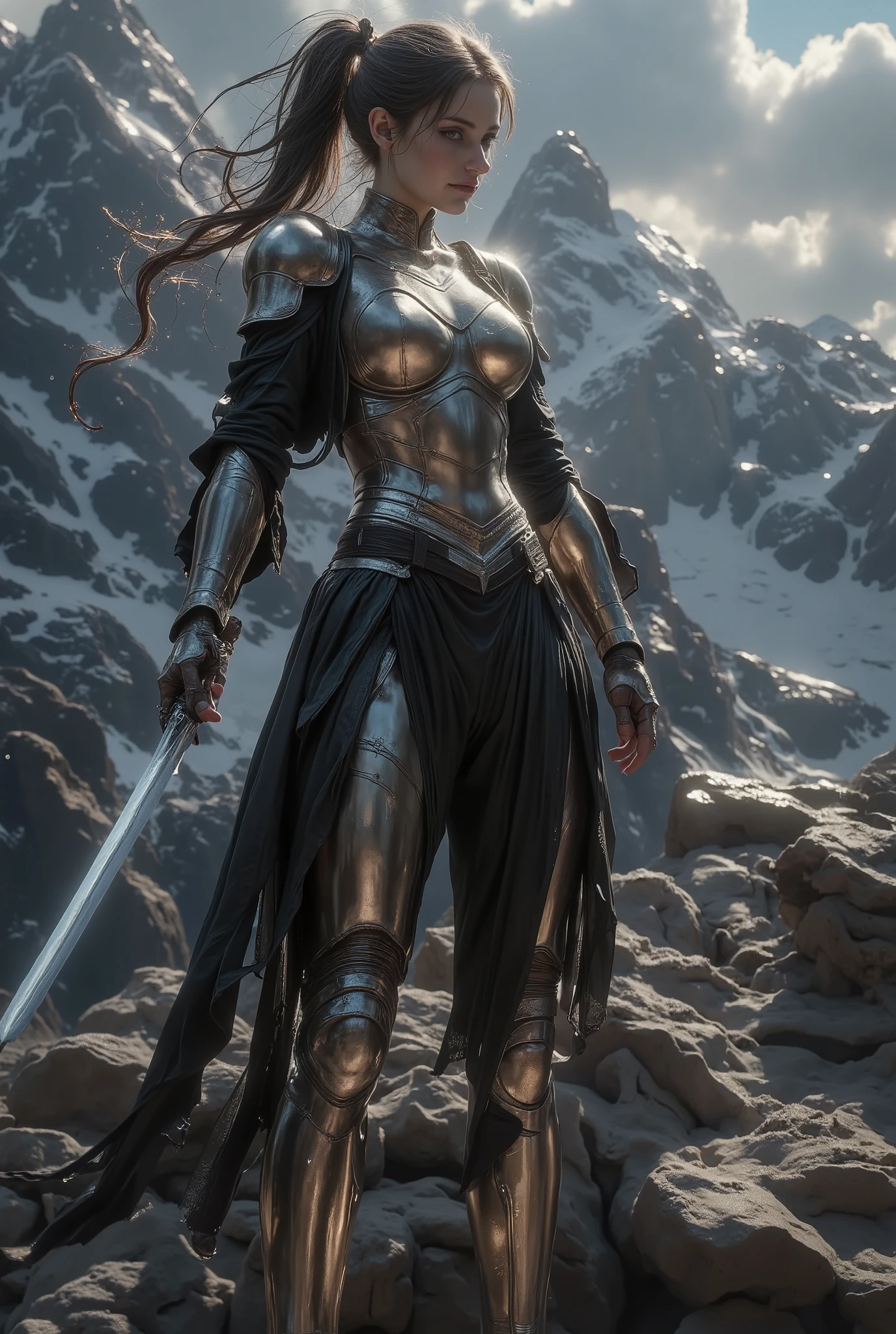 (ultra Realistic) , (illustration), (Enhance resolution), (8k), ( Extremely Detailed), ( detailed face ), Slim Body, in the dark , deep shadow, low profile, pureerosfaceace_v1, Happy smile, Winter, Mountain