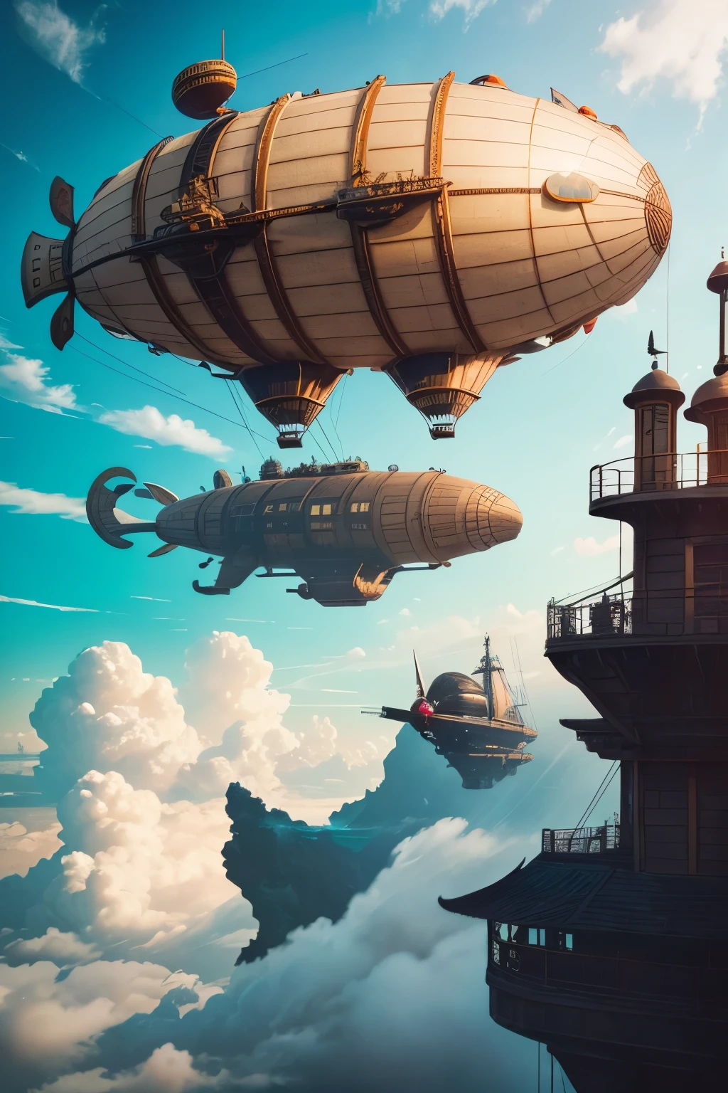 ( top quality:1.2)。steampunk。kilov。 steampunk (Luxury travelers (airship)) are sailing through the skies。 the background is a beautiful sea of clouds and blue sky 。
