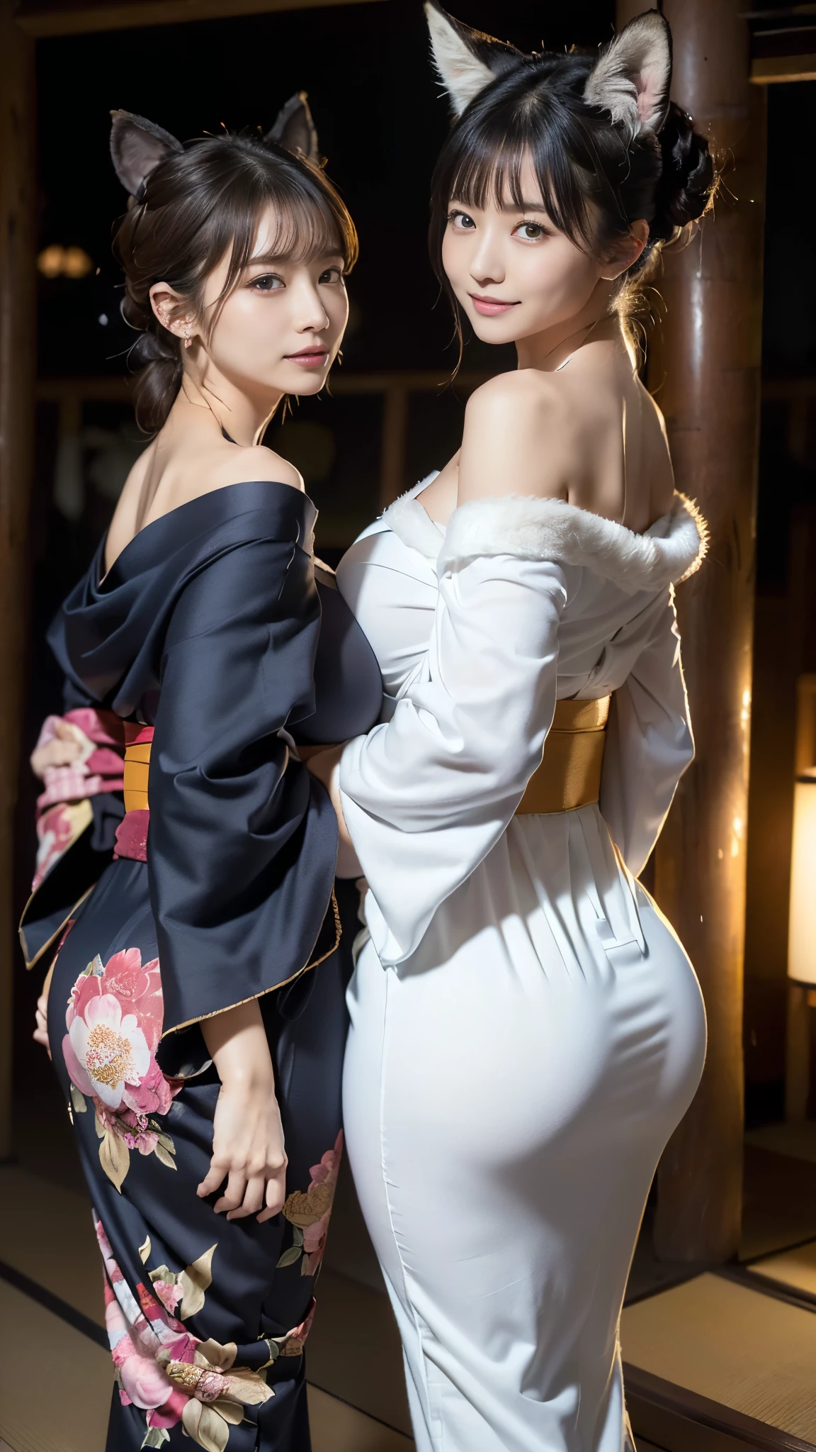 Beautiful woman, curvy body shape, wide waist, fitting breasts, curvy accentuated booty, french braid, longing gaze, taniaayusiregar, bathrobe, relaxing, old japanese bathhouse, photorealistic, Masterpiece, bokeh, night, calm mood, dark lighting, nsfw, ground angle shot from behind