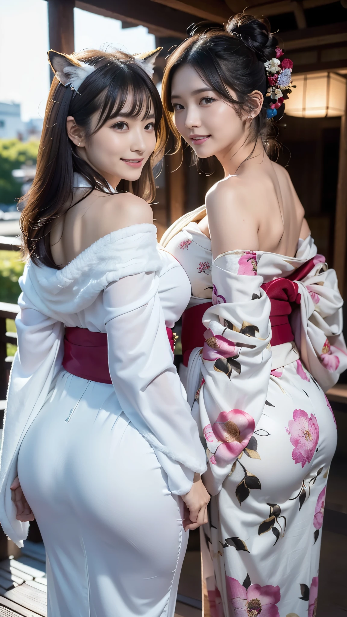 (Highest quality、In 8K、Masseter muscle area、Delicate illustrations)、Beautiful Elf Maiden(Long ears)、(Plump body 1.1)、(Japanese Shrine Maiden Costume(White kimono and red hakama)1.1)、日本の神社は新年になるとpeople々Bustling with、Smile at your audience、🎧,∇.(((Kurashiki Mother and Daughter Donburi:1.5))),(Queen & Reika Kurashiki Public Gangbang Sex Education:1.5), Extremely large breasts,Too big erect nipples,smile,smug face,O-shaped mouth,blush,32k,masterpiece,Hyper HD ,Beautiful fine details,Perfect lighting,Shiny Hair、hair ornaments,Sharp body、Narrow buttocks、Very slim legs、Very thin legs、very thin thighs、Long legs、Highly detailed legs、Highly detailed body、Sticky feeling、Perfectly shaped slim body、Cute ass、Skinny Ass、Tight ass、Thin thighs,O cup size breasts、Unusually huge breasts,Thick, round, long, protruding breasts,Super huge breasts that rose up extremely high in front, Large, sexy nipples that are visible even through thick, long clothes,(大胆で過激な2peopleの行為,Dynamic2people,Excitement and climax),
