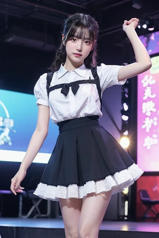 Make an anime girl in a short skirt showing some panties 